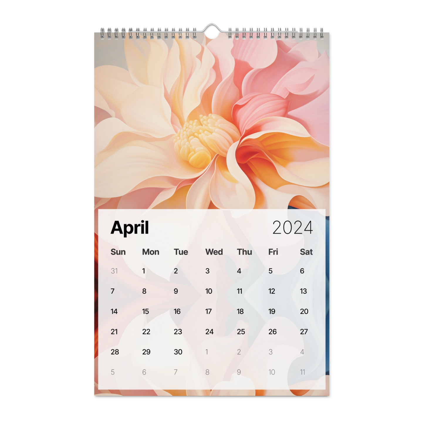 Calendar page for April 2024 featuring a close-up photograph of a pink and peach-colored flower.