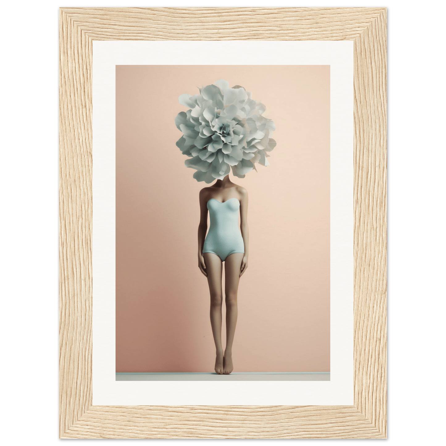 Surreal figure wearing a light blue swimsuit with a large pale green flower in place of its head.