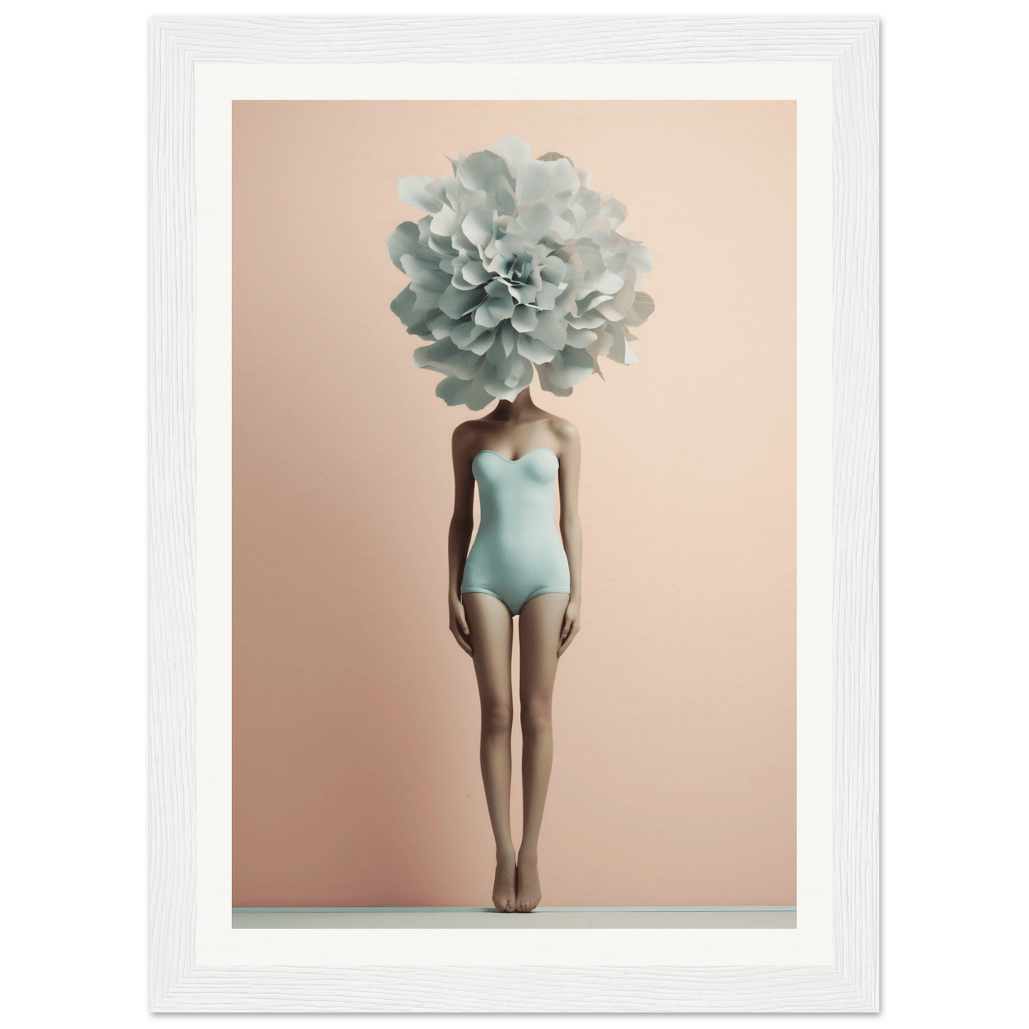 Surreal figure with a giant pale blue flower for a head, wearing a light blue swimsuit.