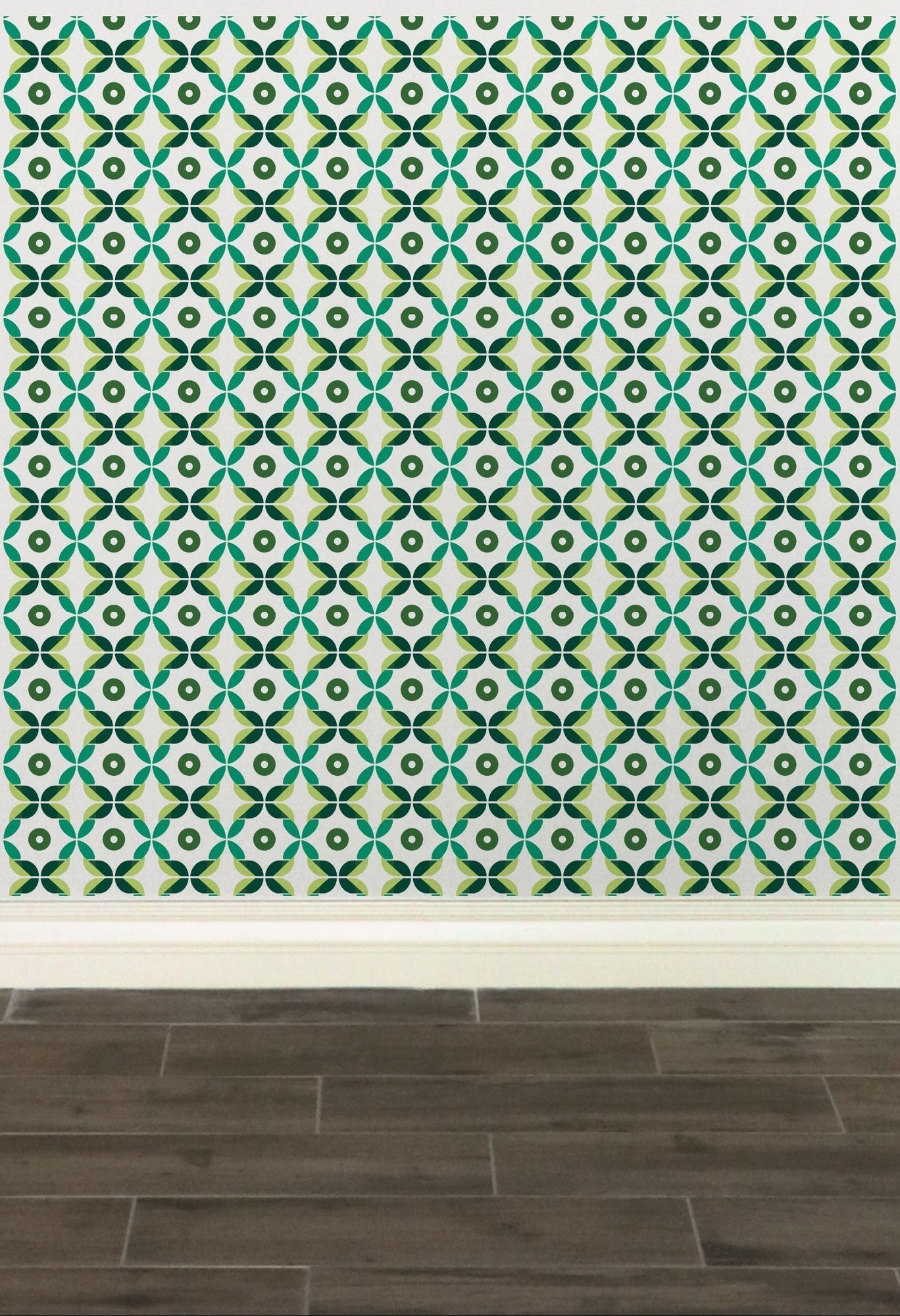 Geometric patterned wallpaper featuring green and white shapes in a repeating design.