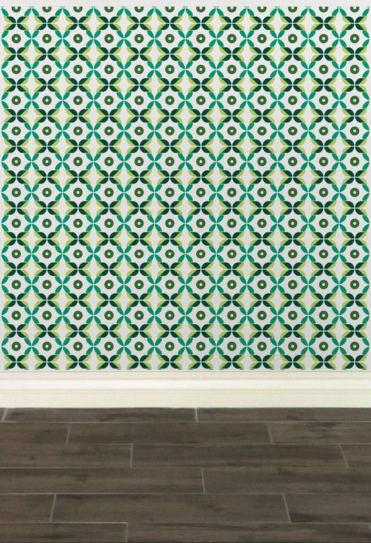 Geometric patterned wallpaper featuring green and white shapes in a repeating design.