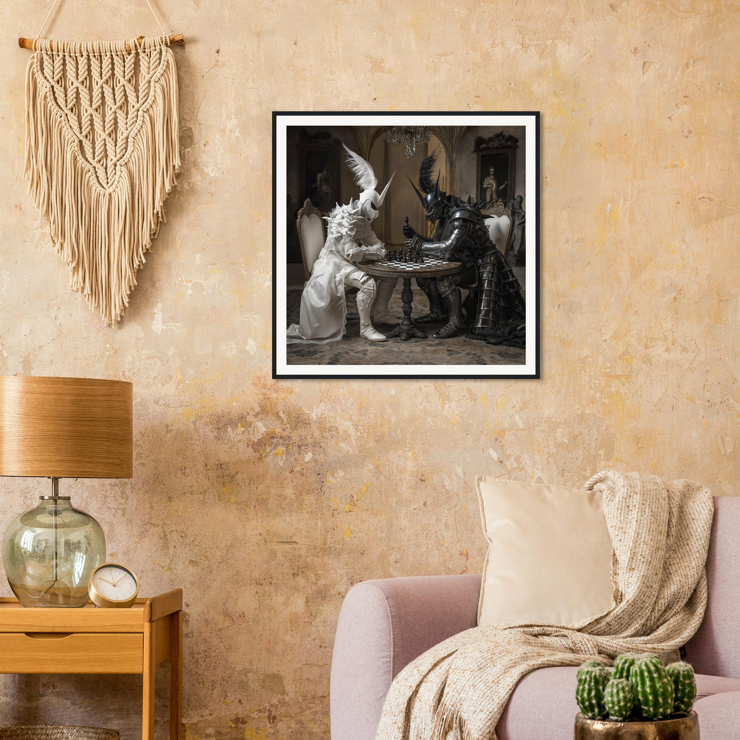 Framed black and white photo on beige wall from Armor’s Silent Gambit special edition art