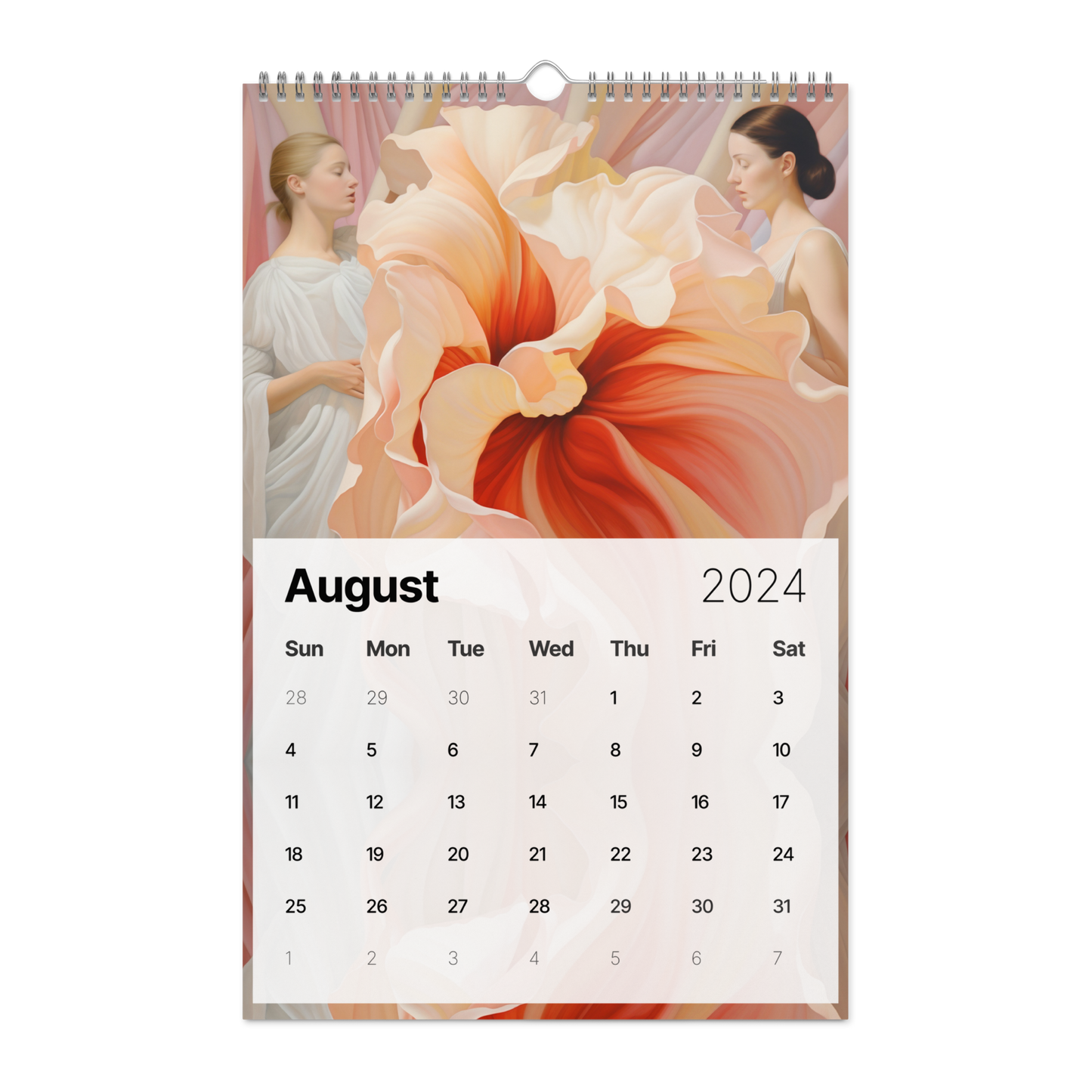 Wall calendar for August 2024 featuring a floral artwork with soft pastel colors.