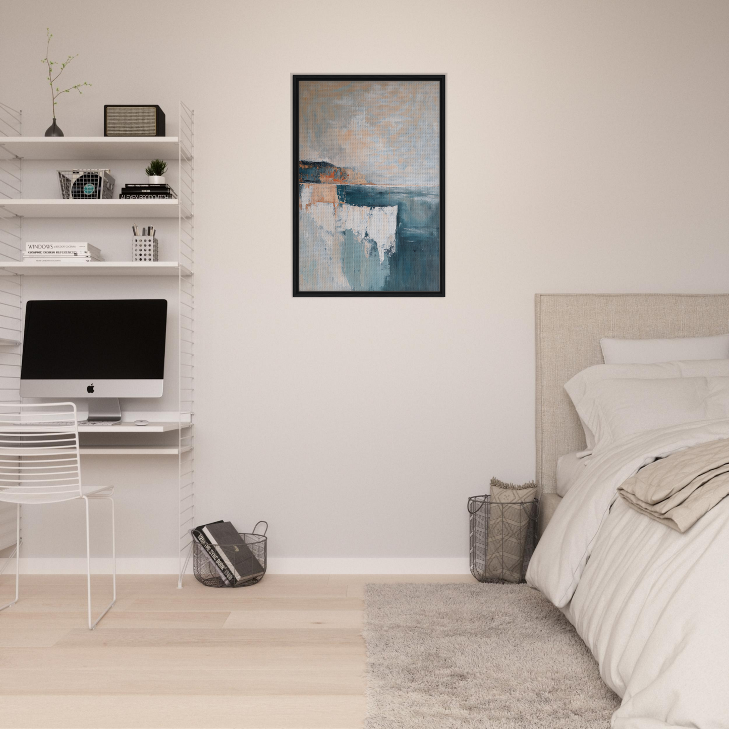 Abstract painting in muted blue and gray tones, framed Azure Dreamscape Reverie art