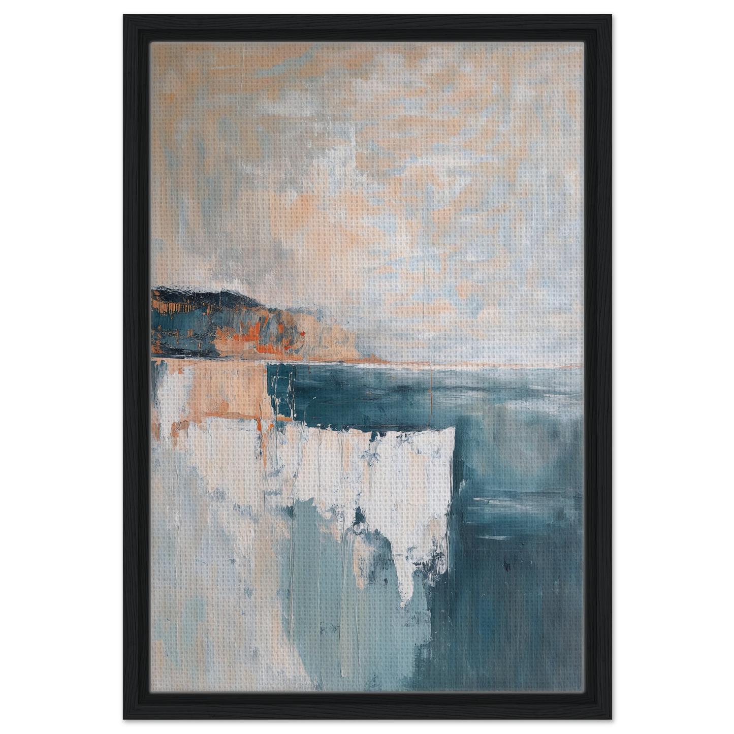 Abstract painting in muted teal, white, and peach tones from Azure Dreamscape Reverie