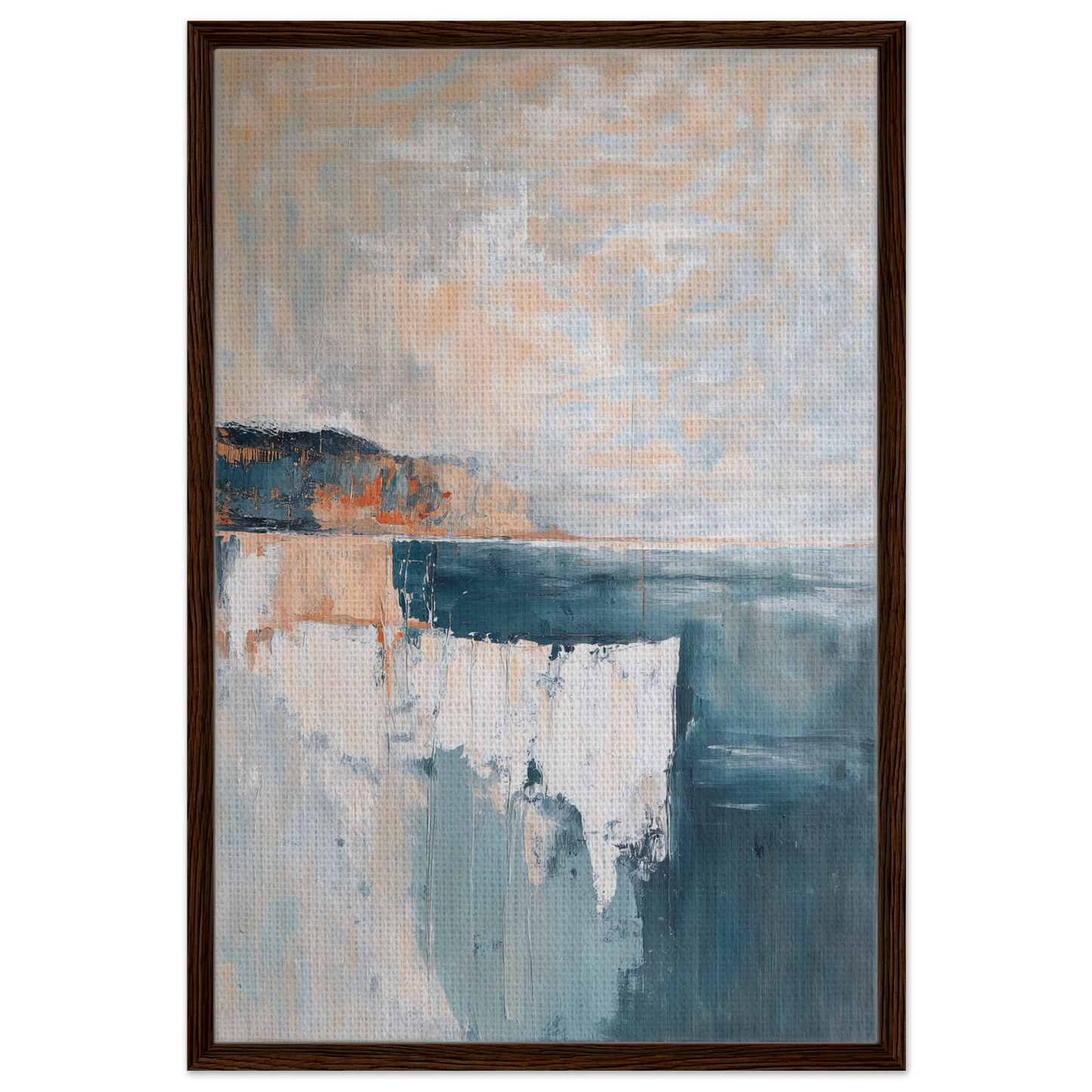 Abstract painting in muted blue, white, and peach tones for Azure Dreamscape Reverie room decor