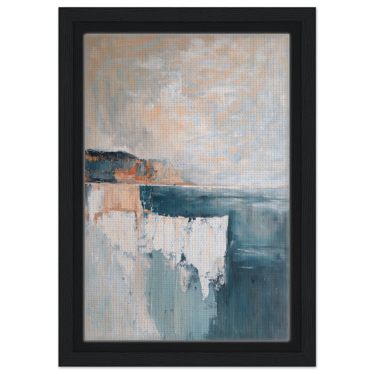 Abstract painting in muted blue, white, and orange tones from Azure Dreamscape Reverie