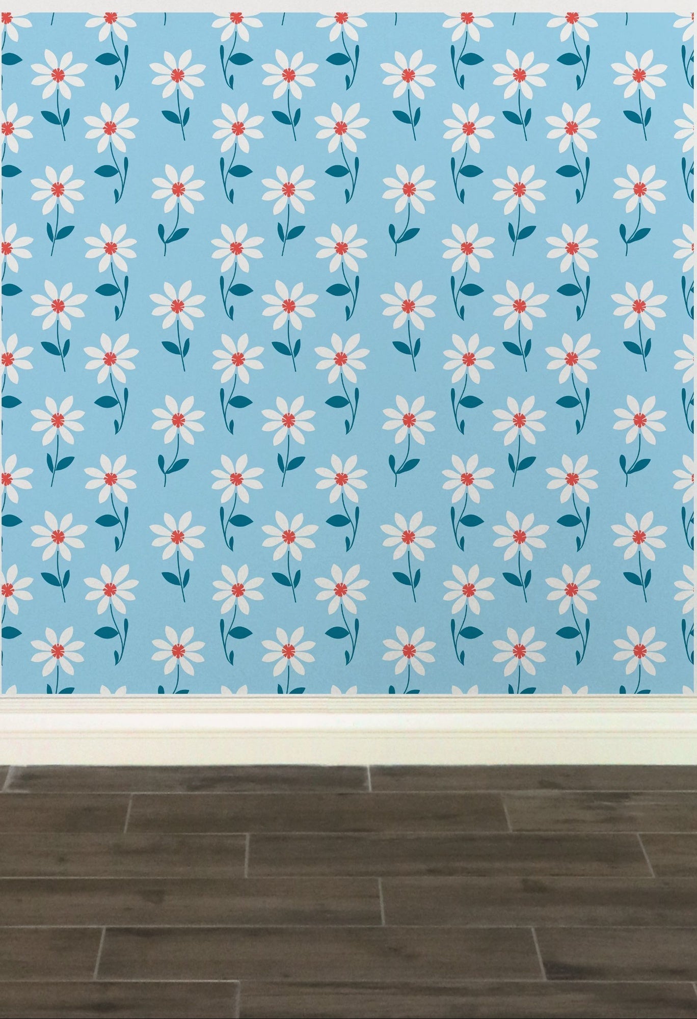 Floral patterned wallpaper with white daisies on a light blue background.
