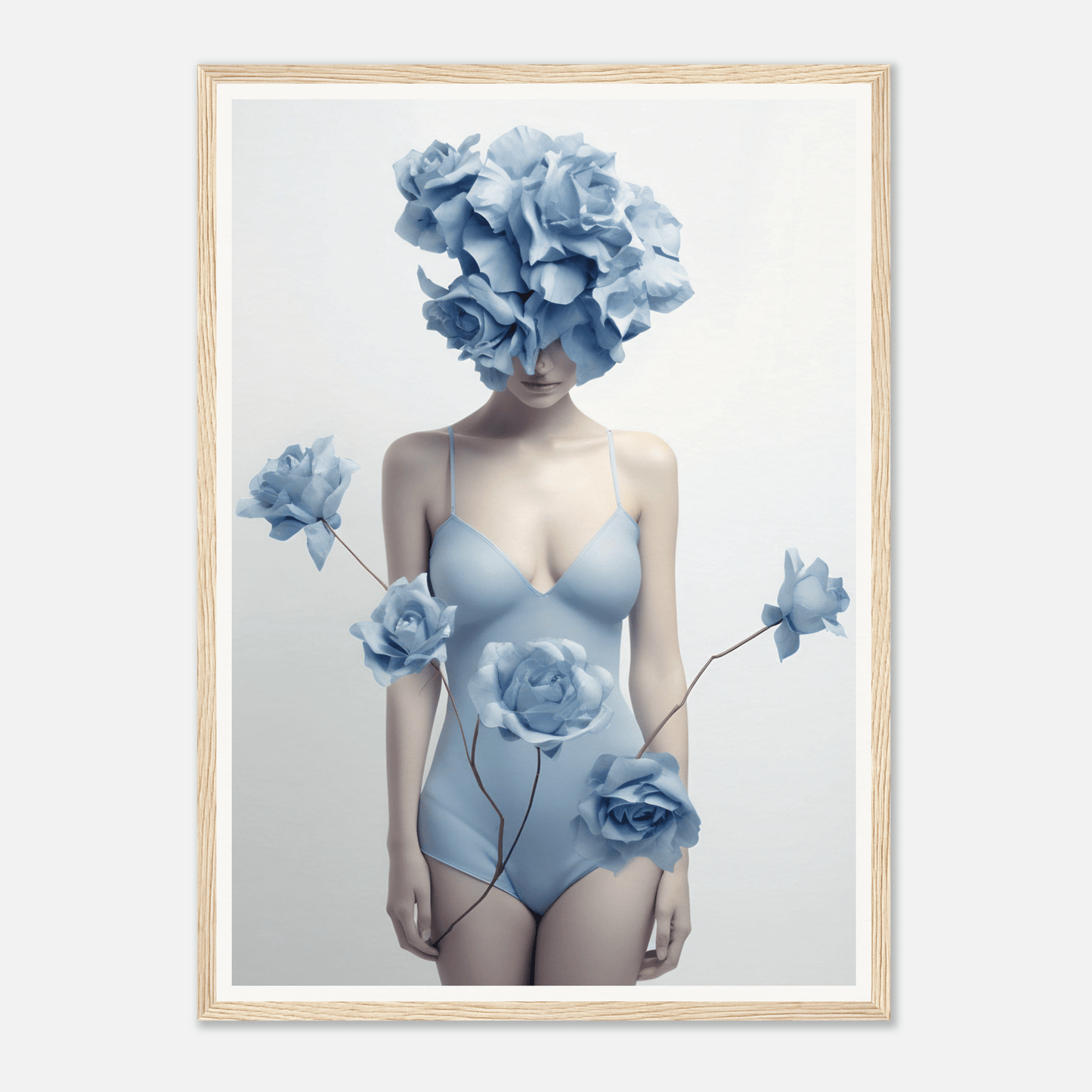 Surreal figure with blue floral elements covering the body and head.