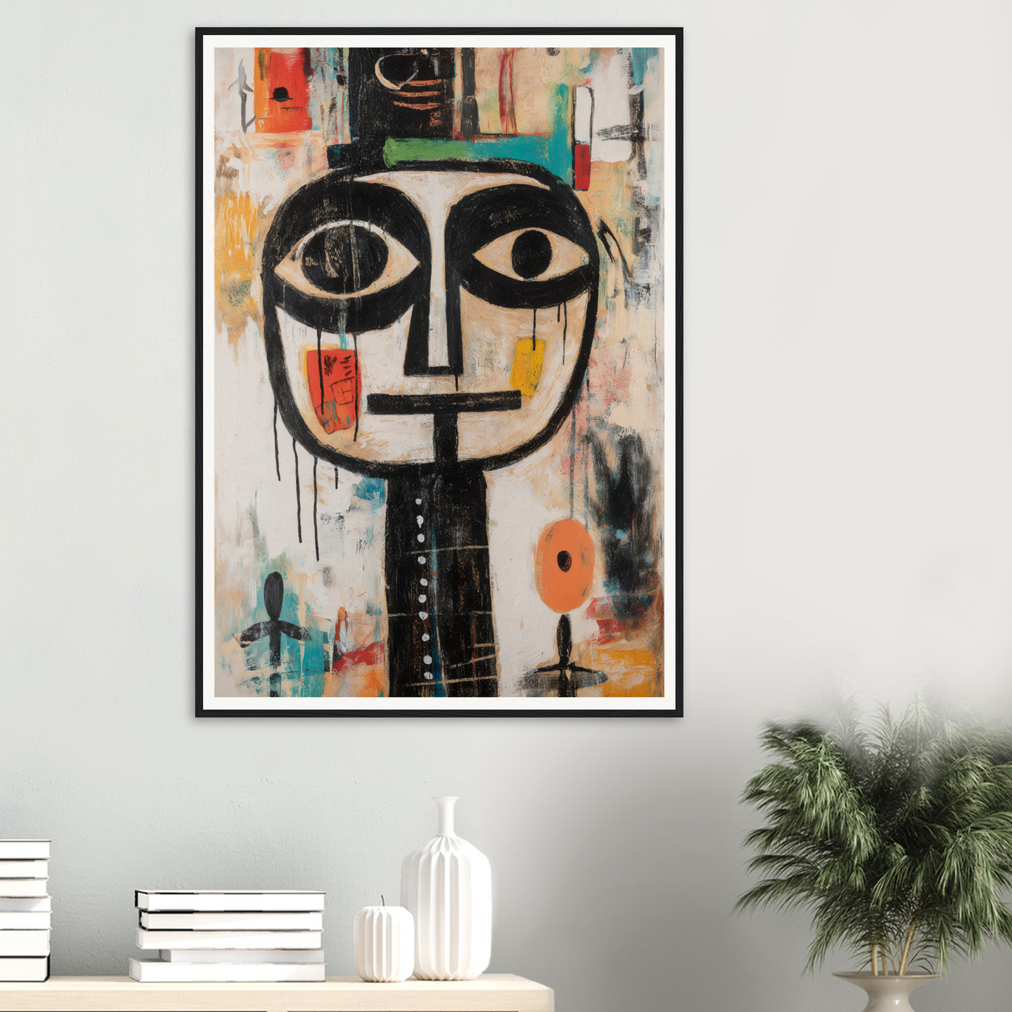 Framed wall art of an abstract face adorns the shelf, enhancing your room decor.