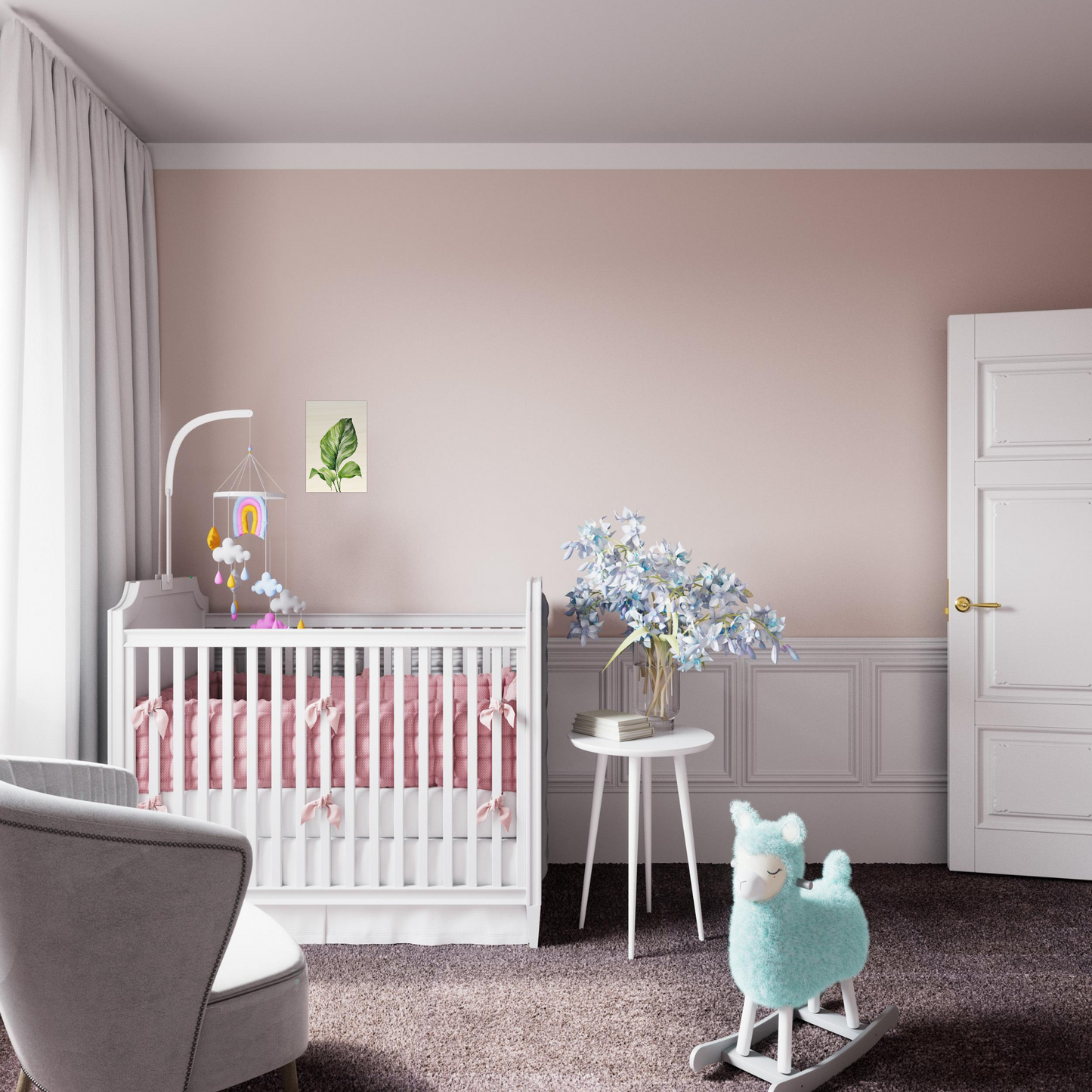 A baby’s room with pink walls and a white cribt chair