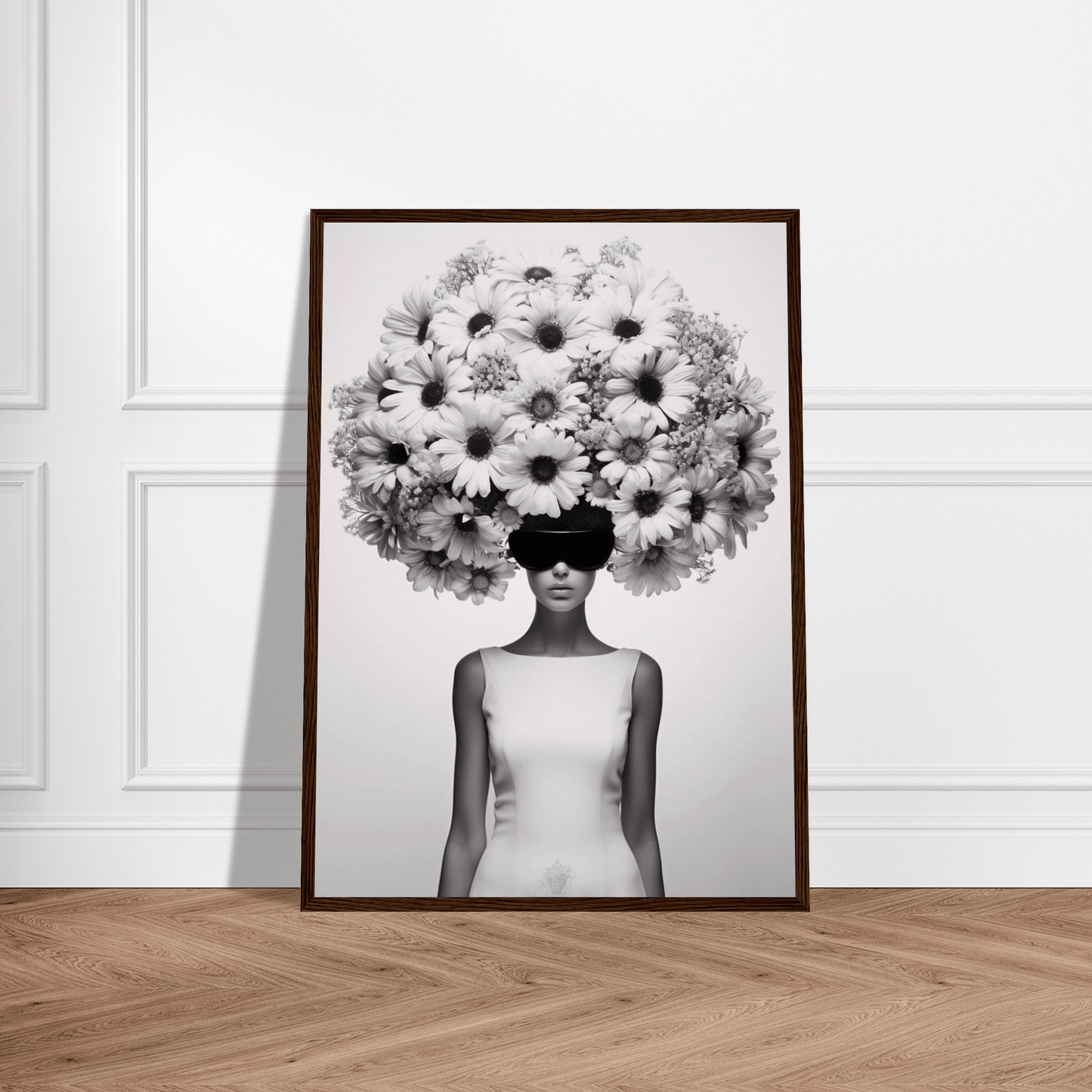 Framed black and white photograph of a person with a massive floral arrangement resembling an afro hairstyle.
