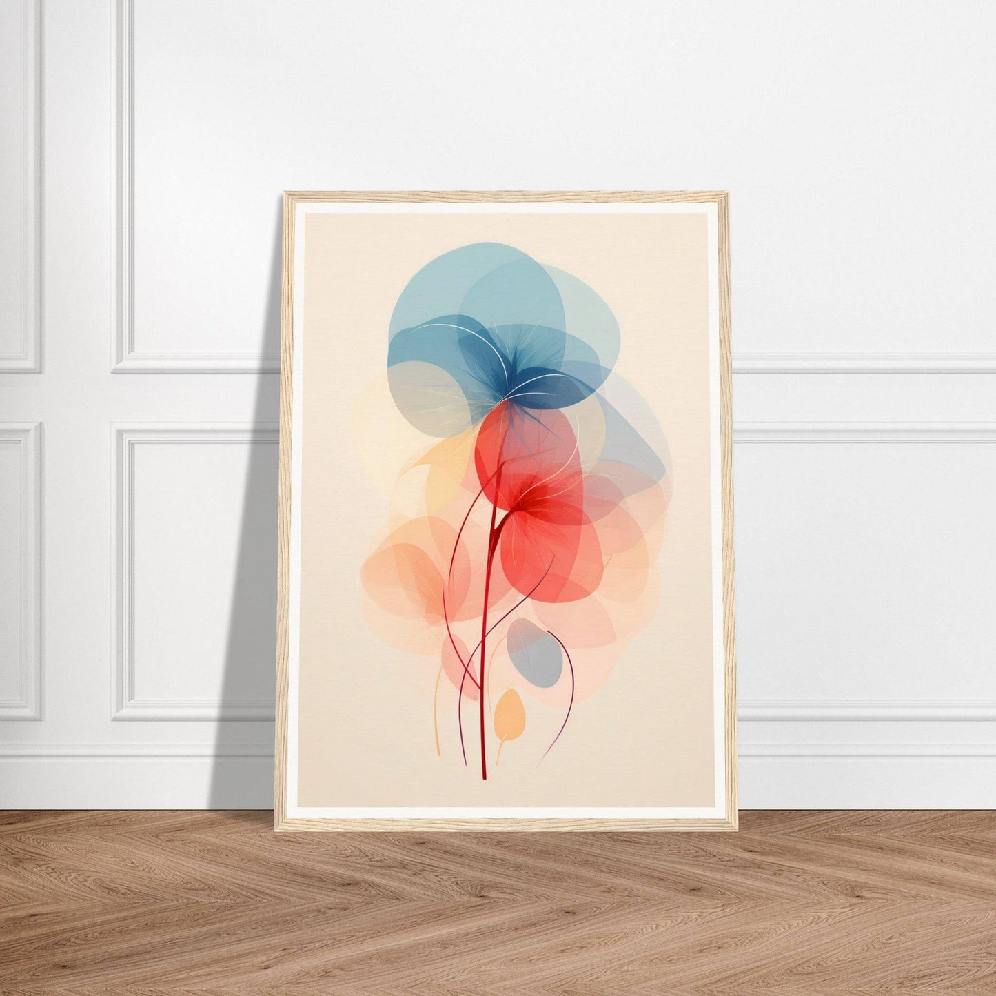 Framed abstract artwork featuring overlapping translucent shapes in blue and red resembling delicate flowers or leaves.