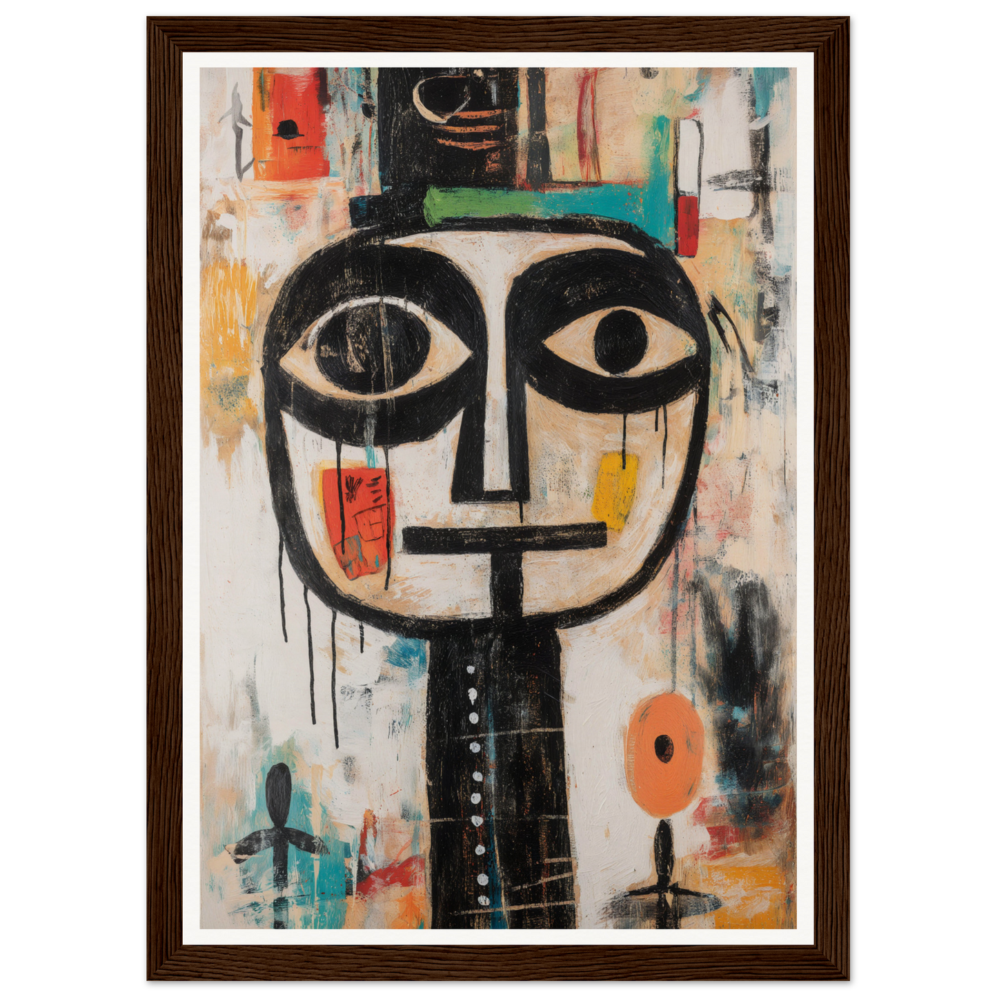 Framed abstract painting of a face with large eyes, vibrant colors, and geometric shapes.