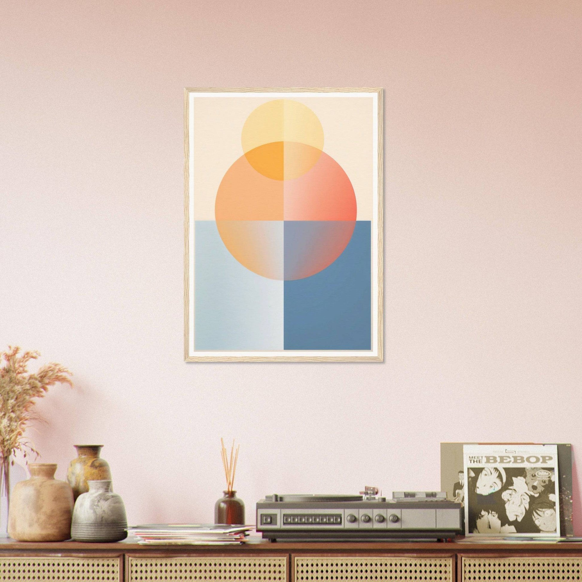 Abstract geometric artwork featuring a circular sun-like shape divided into quadrants of warm colors over a blue background.