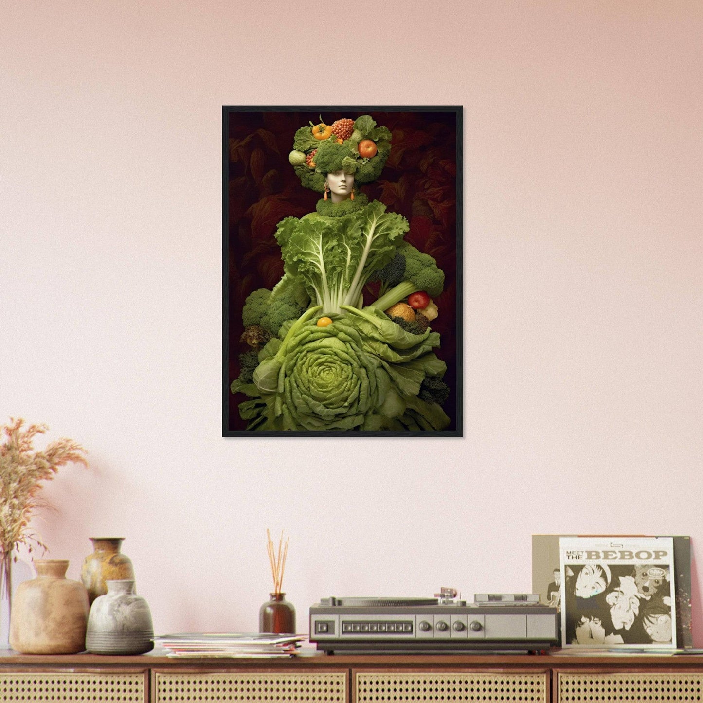 Surreal portrait composed of vegetables, featuring a cabbage body and fruit-adorned head.