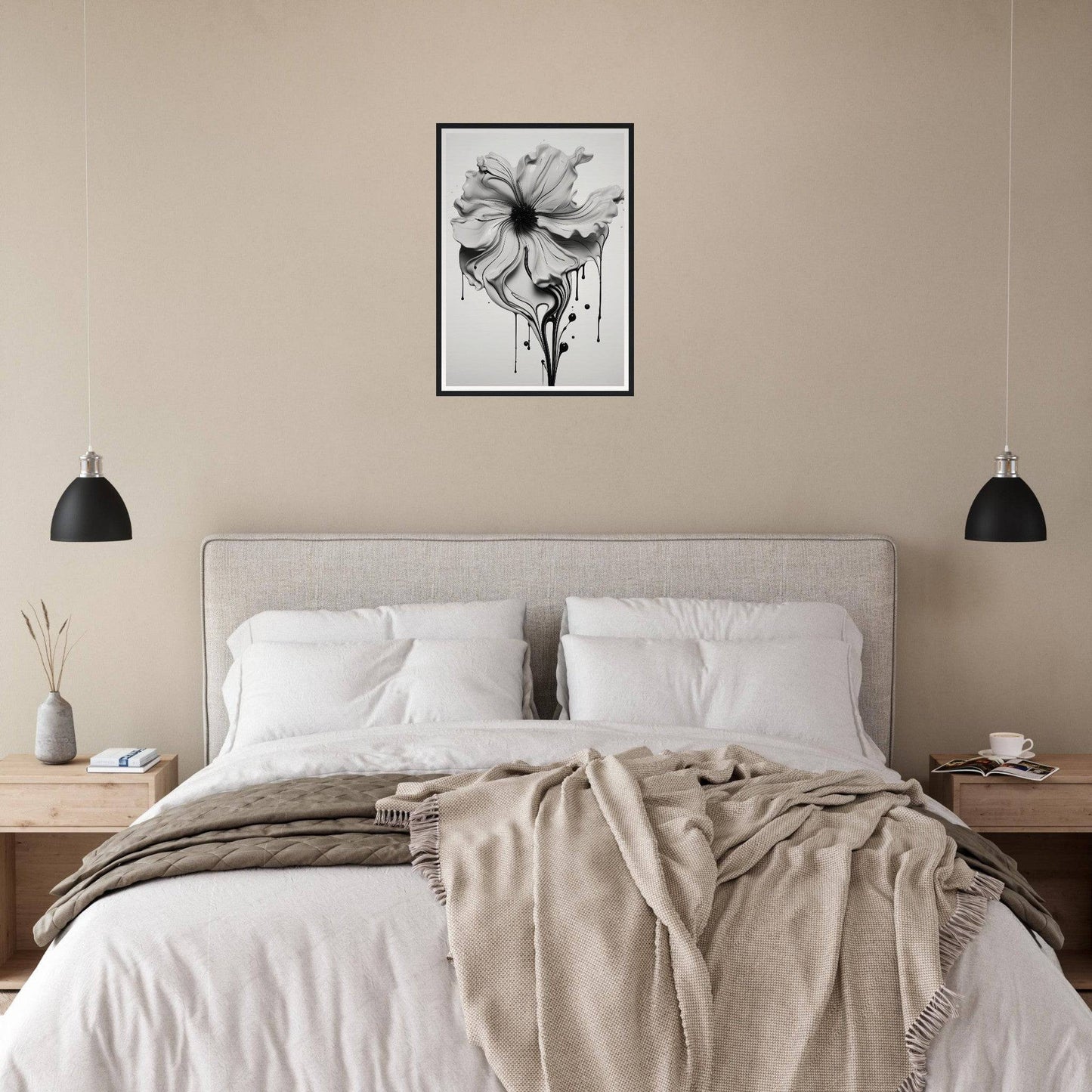 A bed with a blanket and pillows in a bedroom