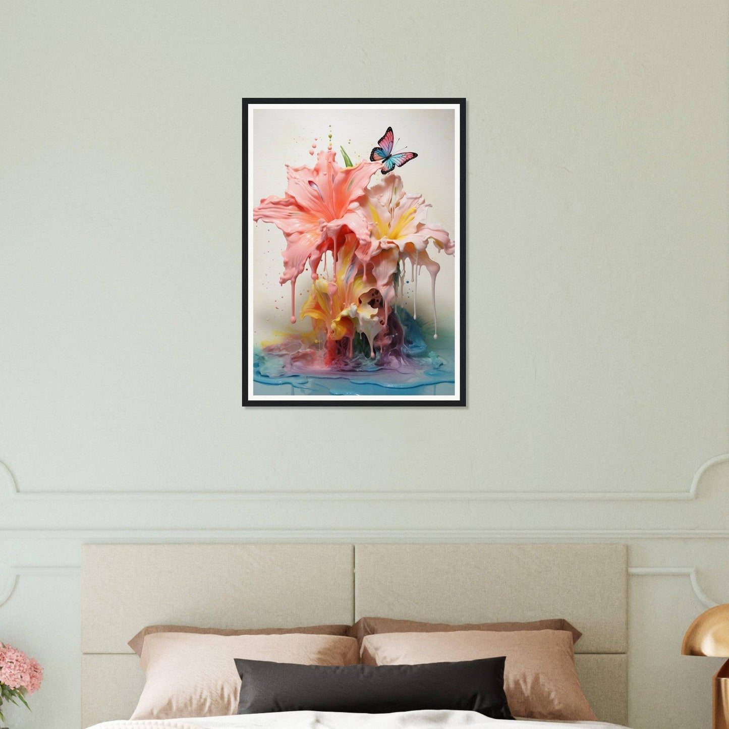 A bed with a pink flower and a butterfly on it