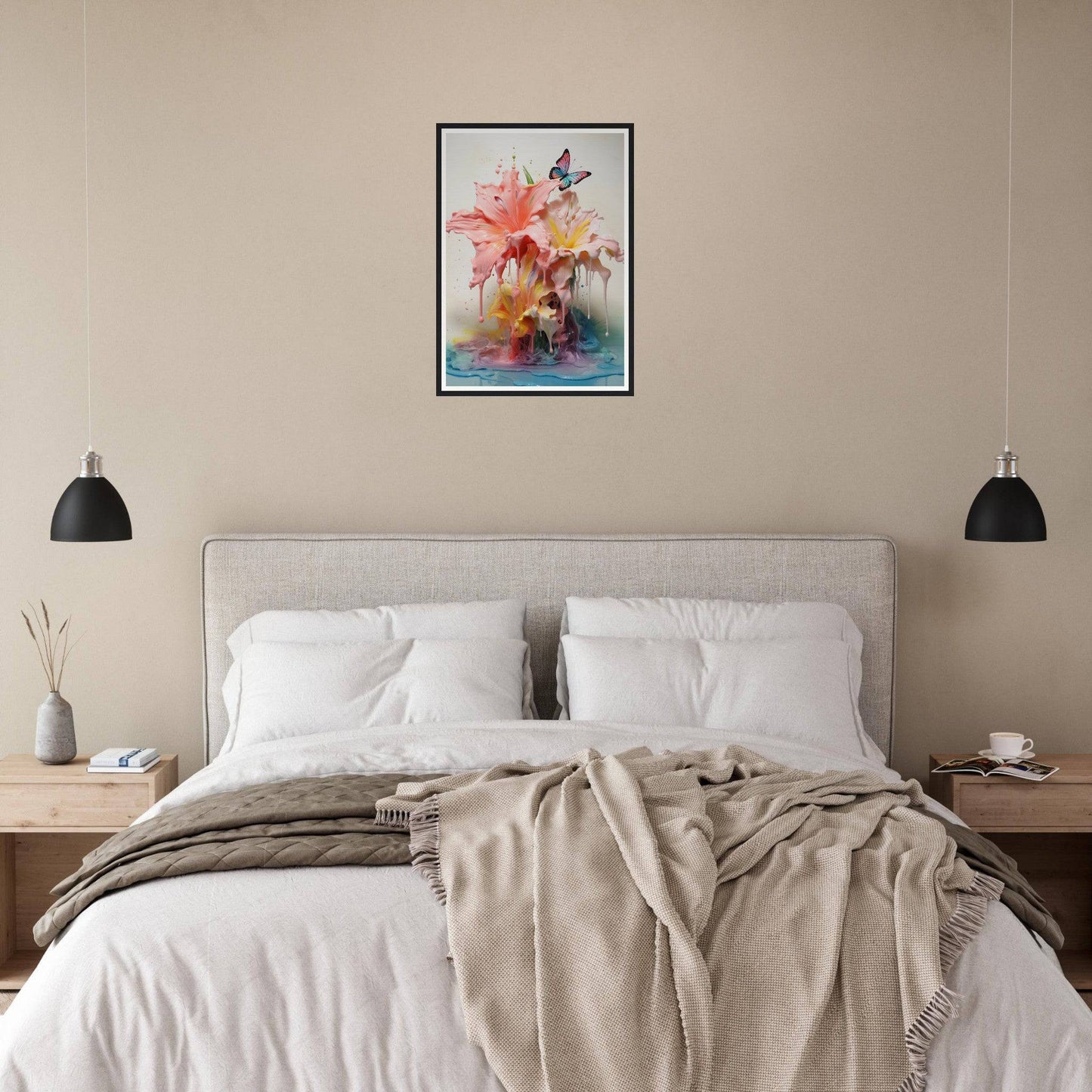 A bed with a white blanket and a painting on the wall