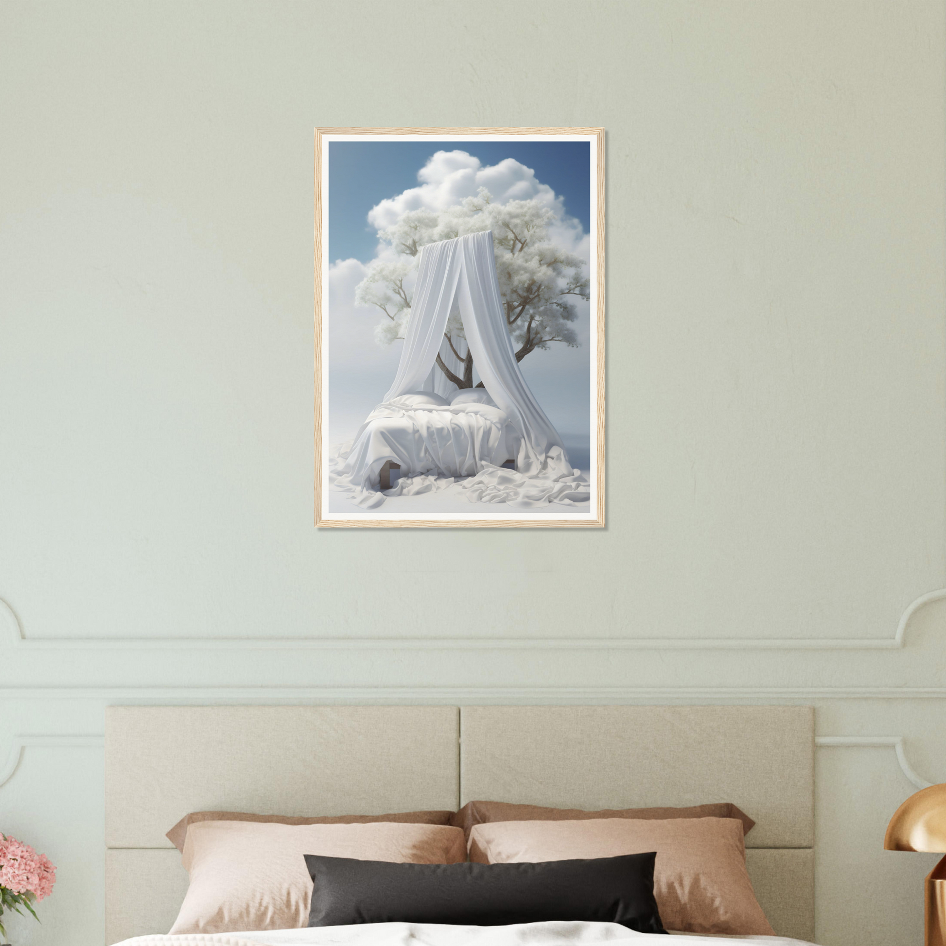 A bed with a white canopy and a tree in the background