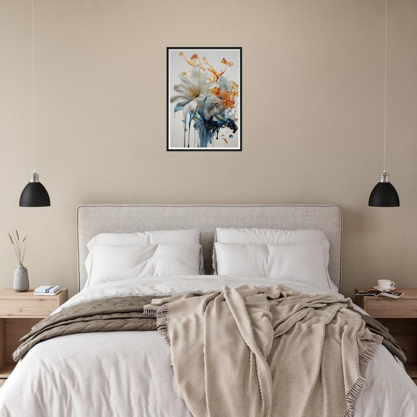 A bed with a white comforter and a painting on the wall