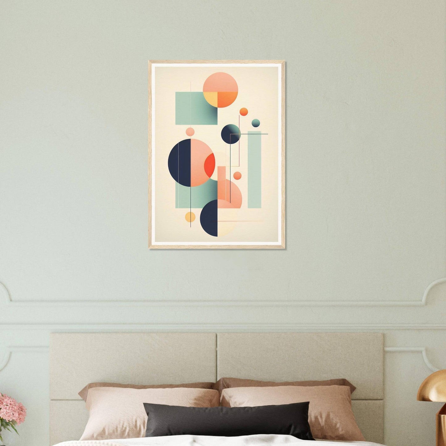 A bed with a white headboard and a painting on the wall
