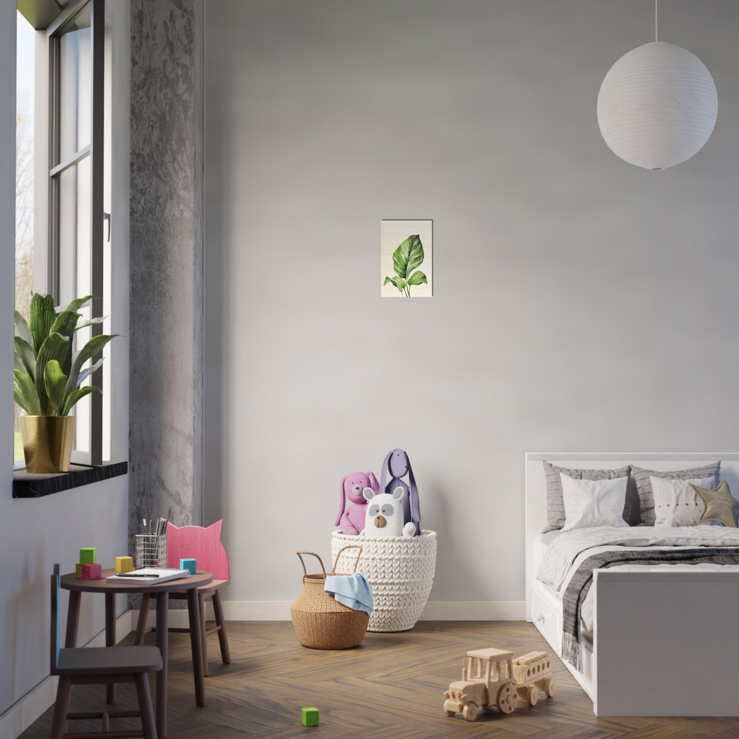 A bedroom with a bed, a chair and a plant