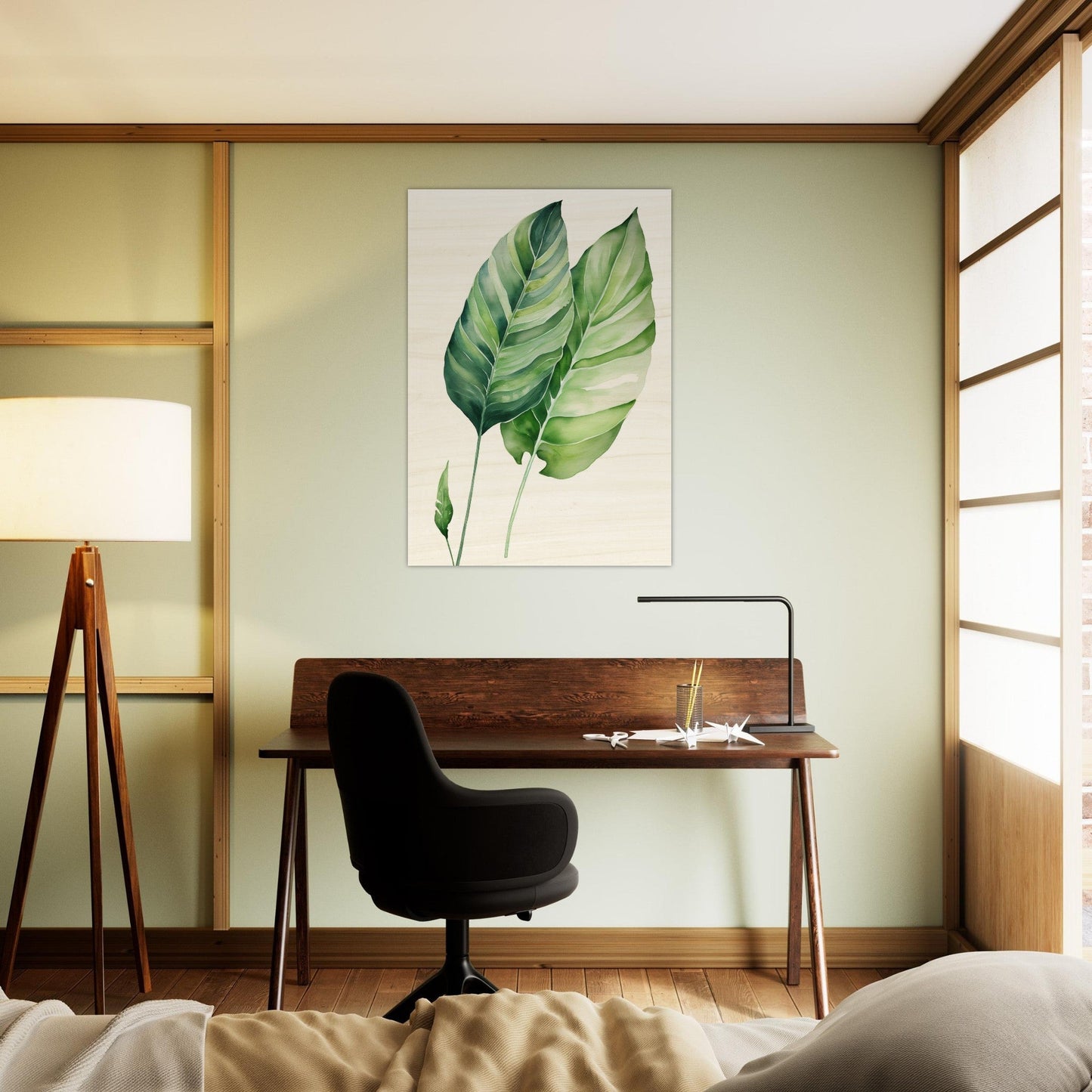 A bedroom with a bed, desk and chair