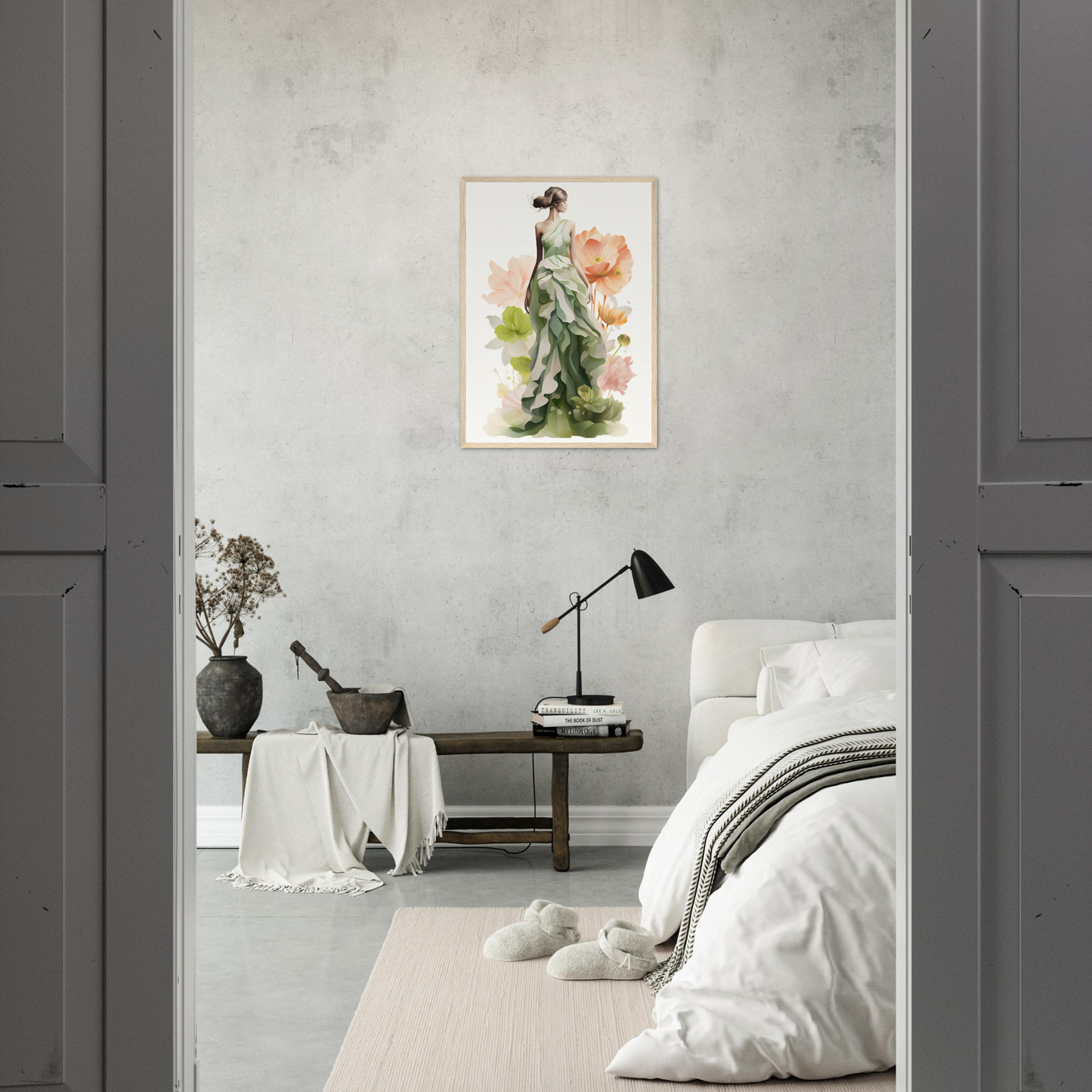 A bedroom with a bed and a painting on the wall