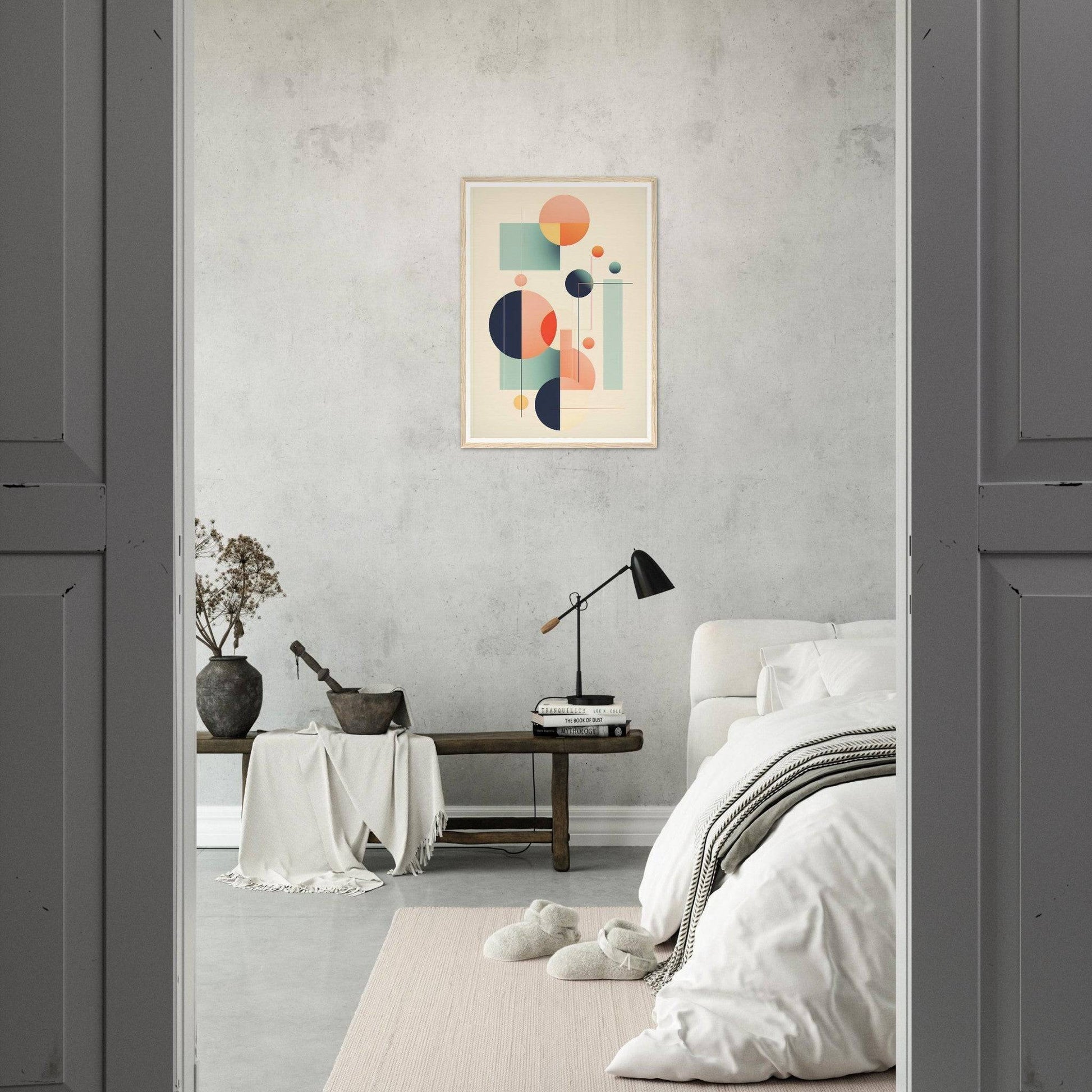 A bedroom with a bed, a table and a painting on the wall