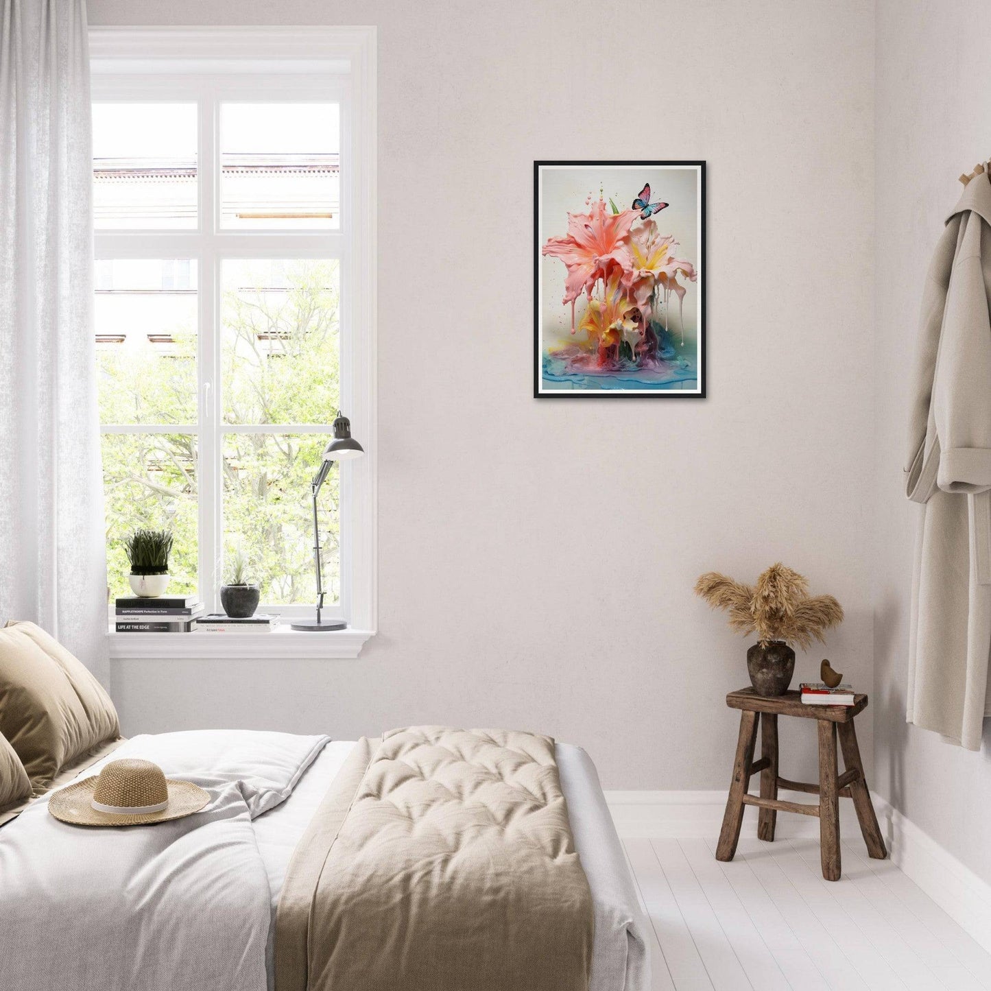 A bedroom with a bed and a window