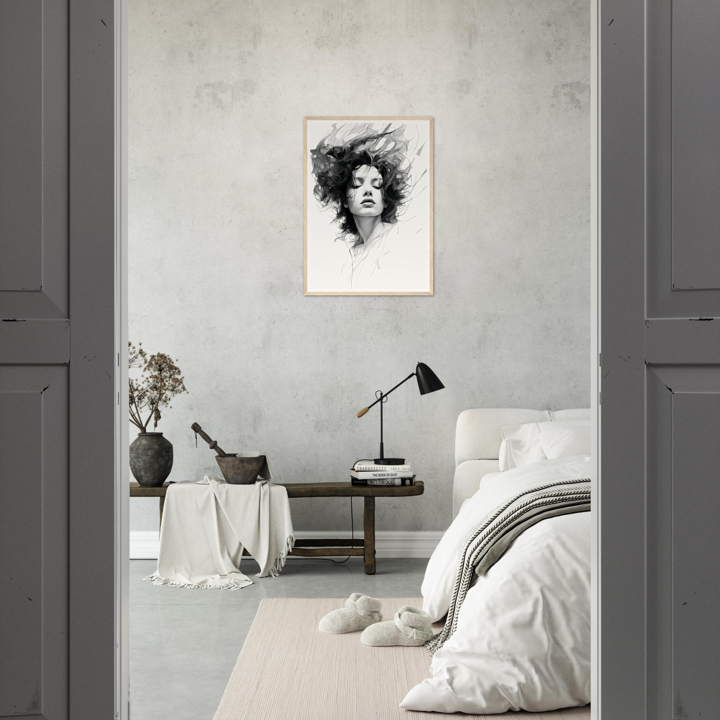 A bedroom with a large wall art print on the wall