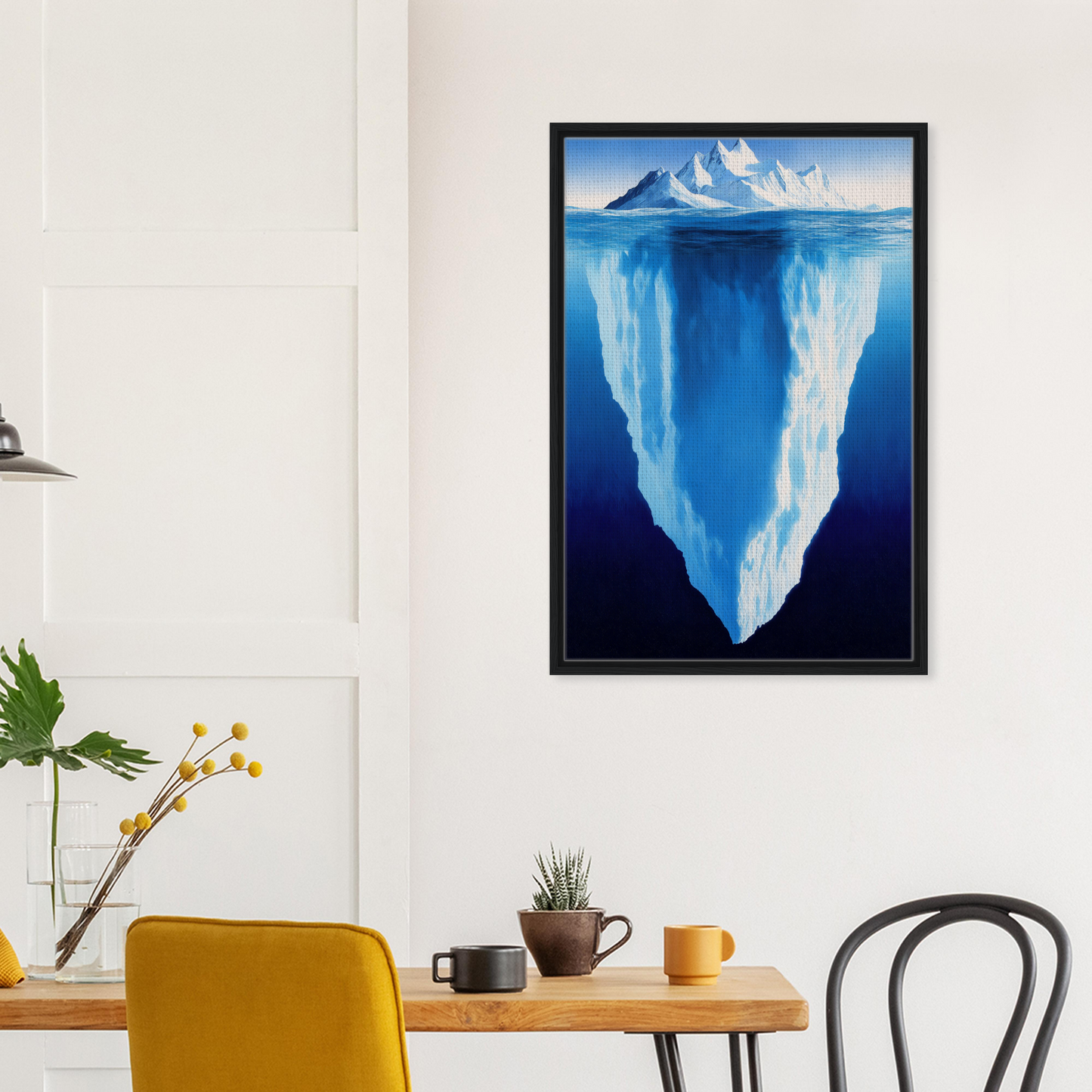 Framed canvas print of an iceberg beneath Bluetide Illusions in a serene blue sea