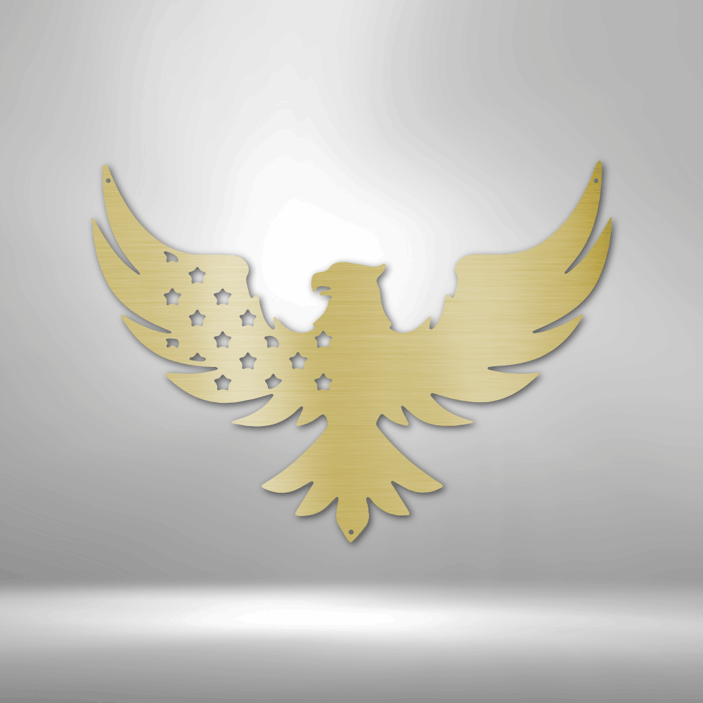 Golden eagle-like symbol with spread wings and star-shaped patterns on its feathers.