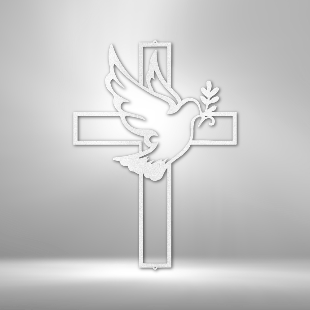 White cross with a dove carrying an olive branch superimposed on it.