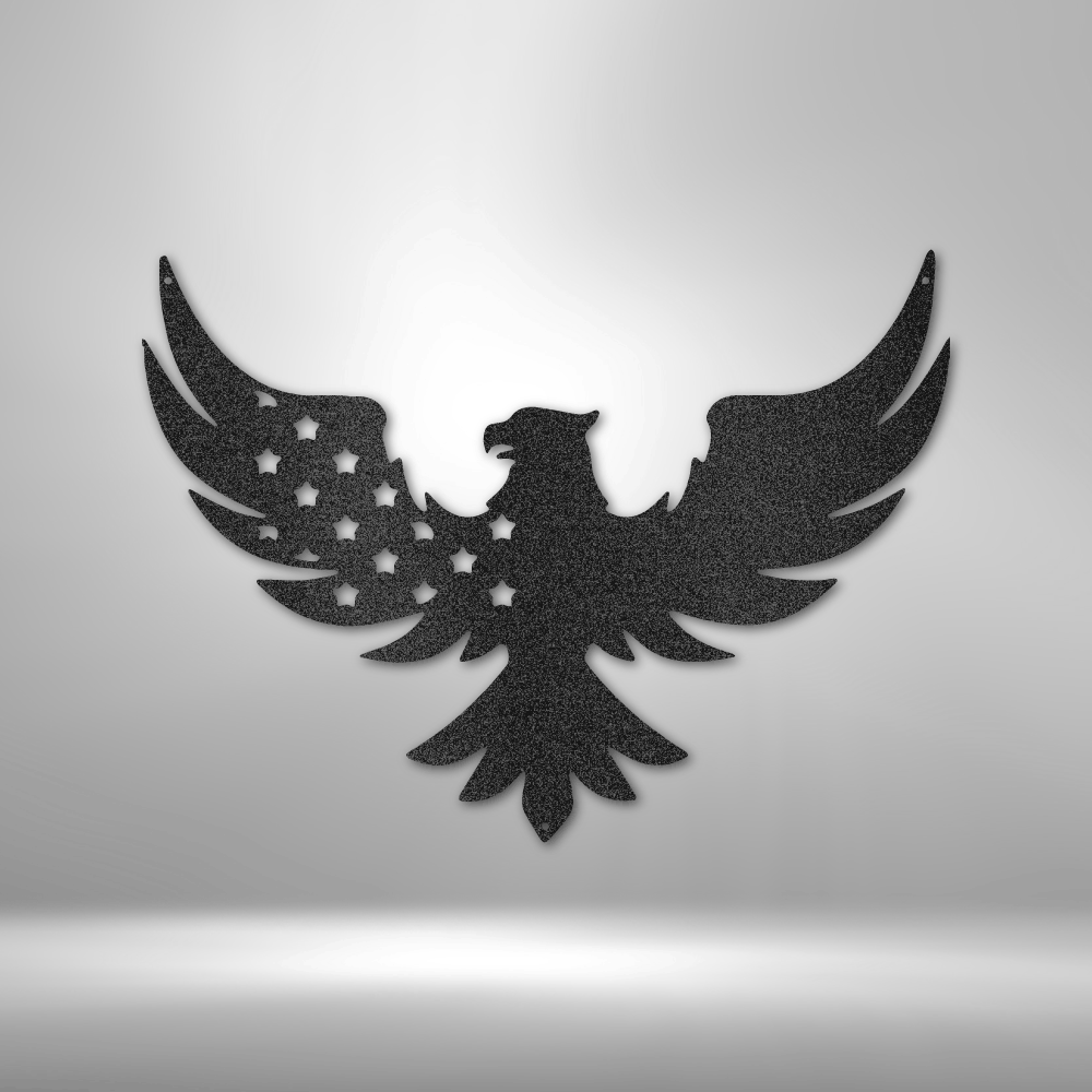 Stylized eagle silhouette with spread wings and stars on its body.