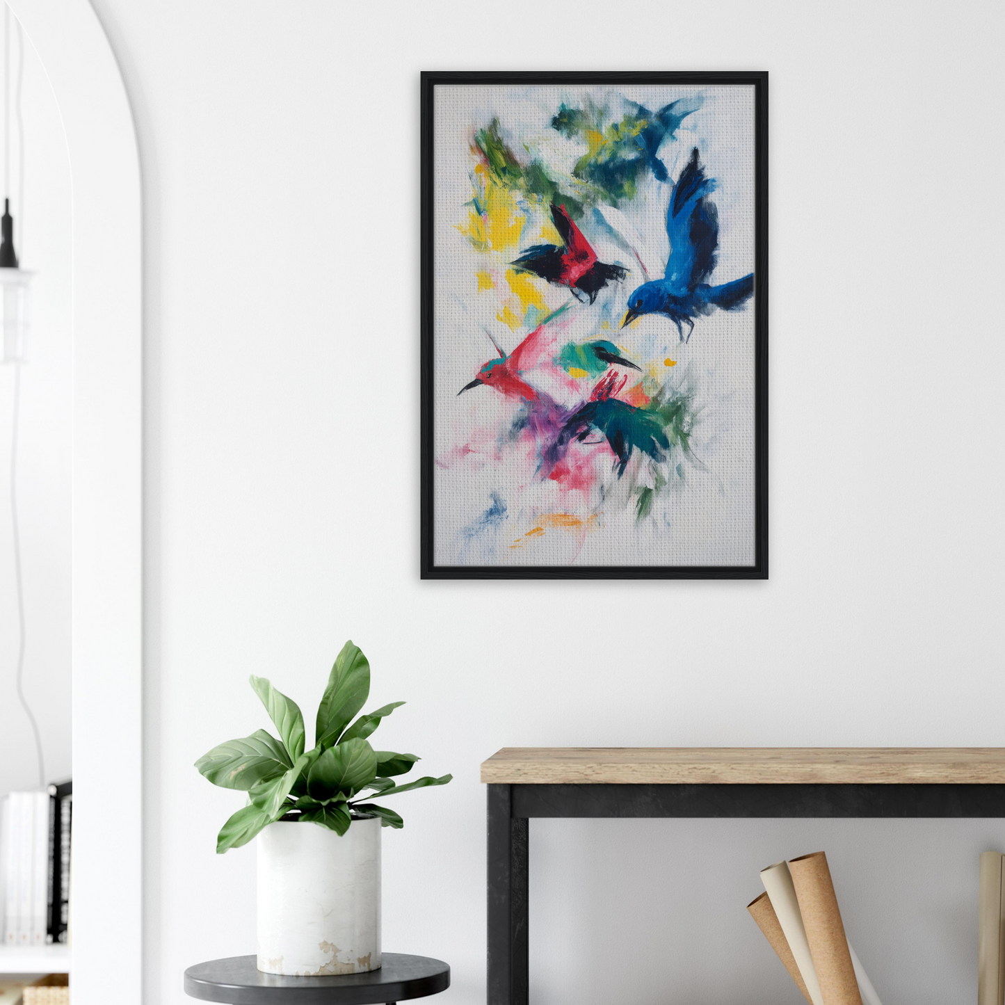 Colorful abstract painting of birds’ Chromatic Dance framed on a wall