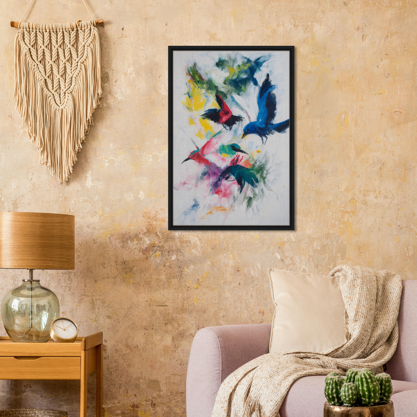 Colorful abstract painting of birds’ chromatic dance framed on a wall