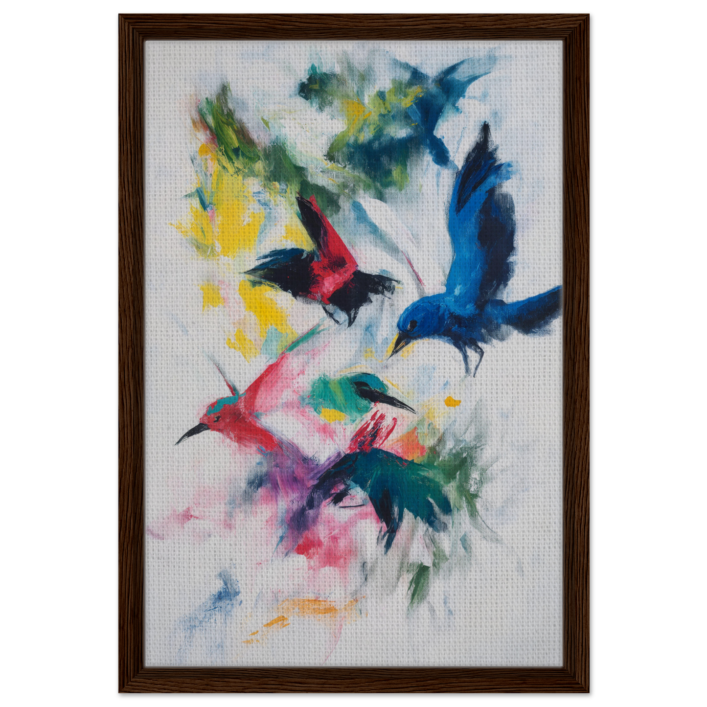 Colorful abstract painting of birds in flight, featured in Birds Chromatic Dance collection