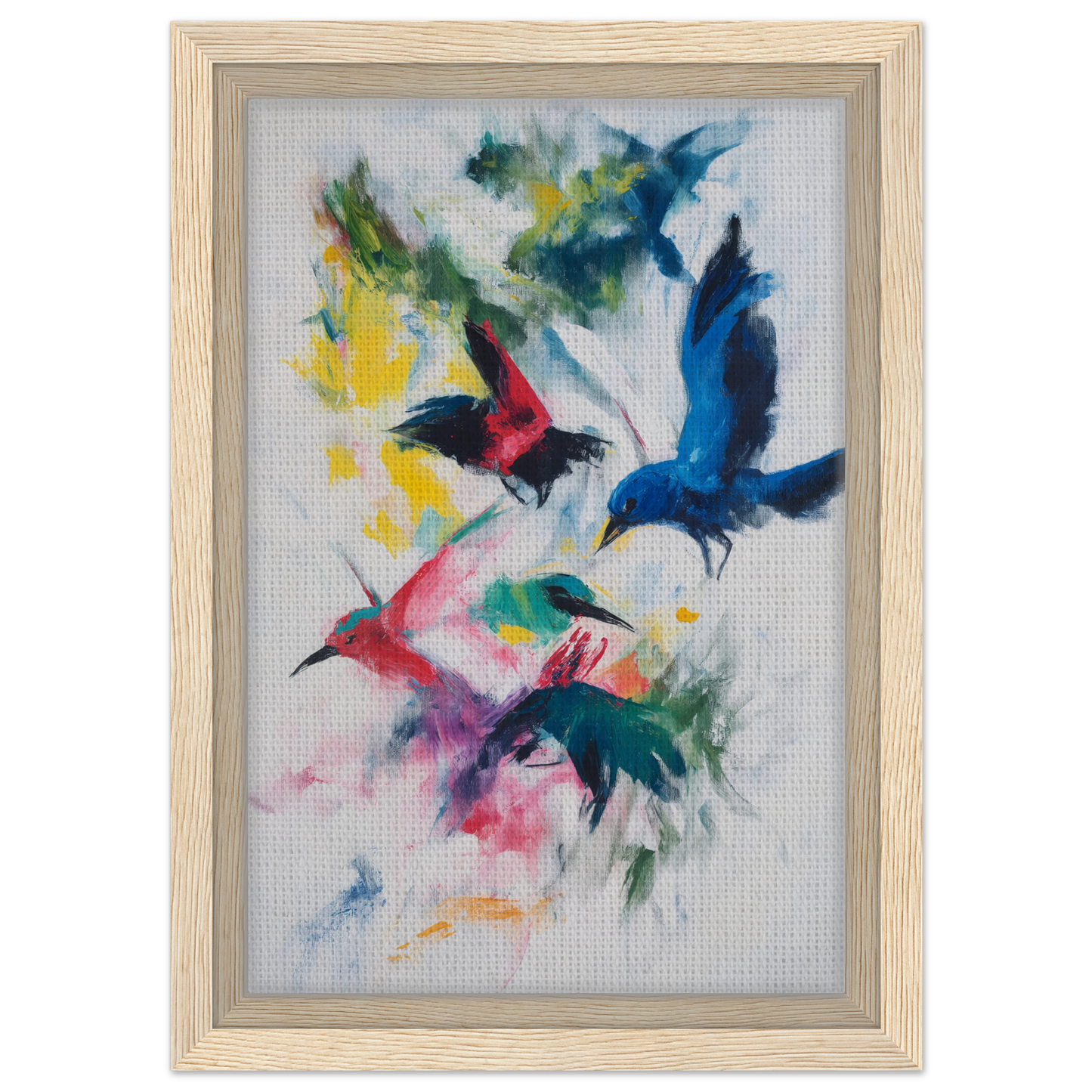 Colorful abstract painting of birds in flight for Birds Chromatic Dance canvas