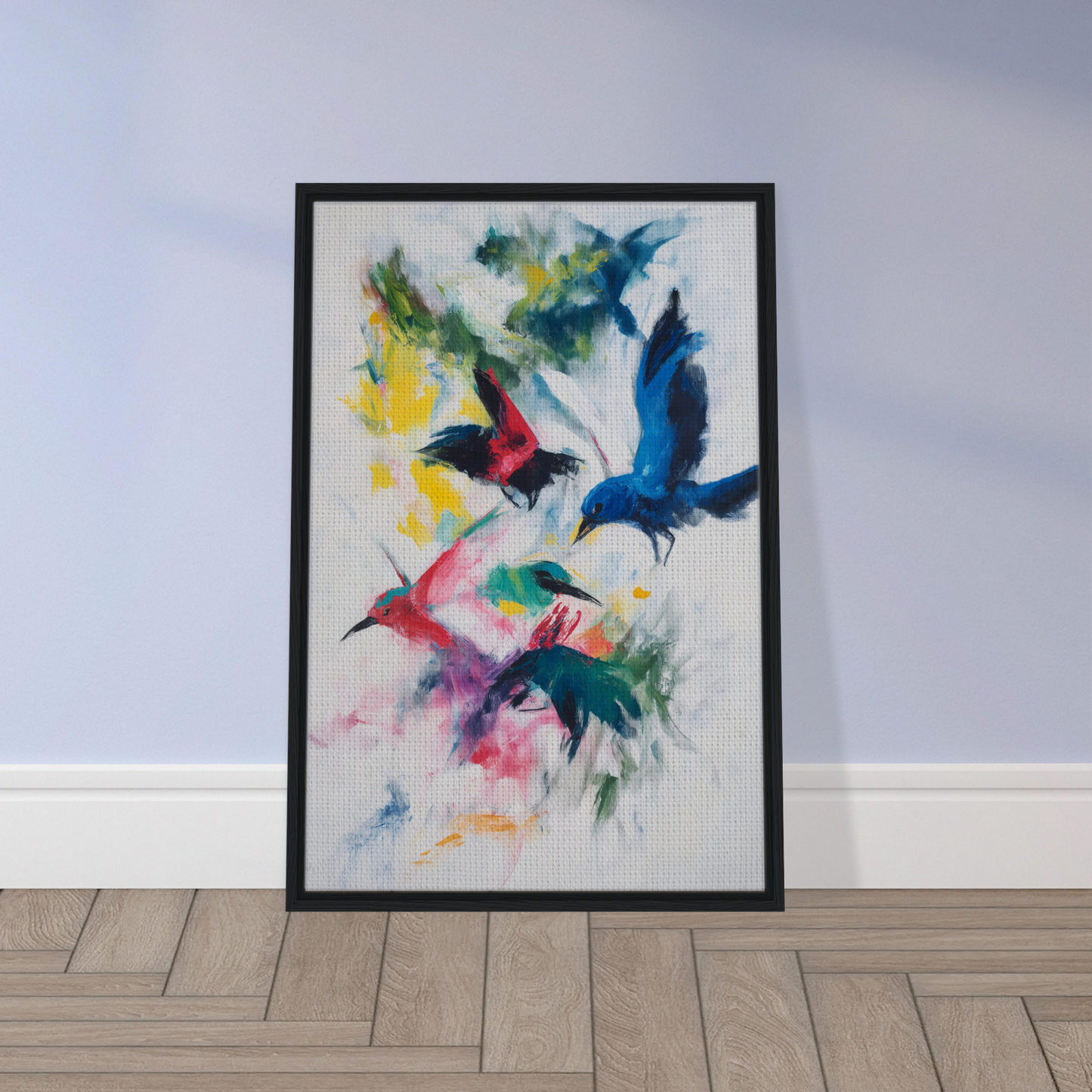 Framed abstract painting depicting birds’ chromatic dance in vibrant hues