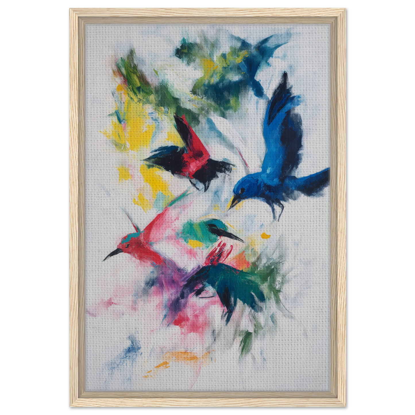 Colorful abstract painting titled Birds Chromatic Dance depicting vibrant birds in flight