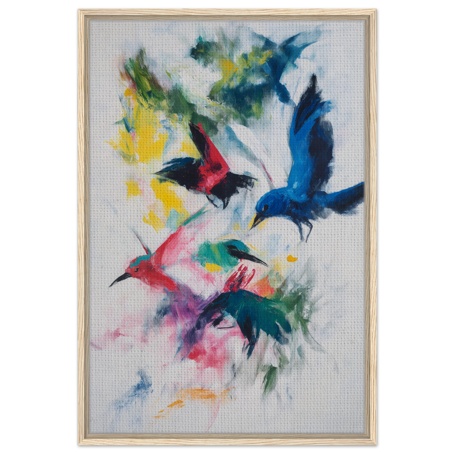 Colorful abstract painting of birds in flight titled Birds Chromatic Dance