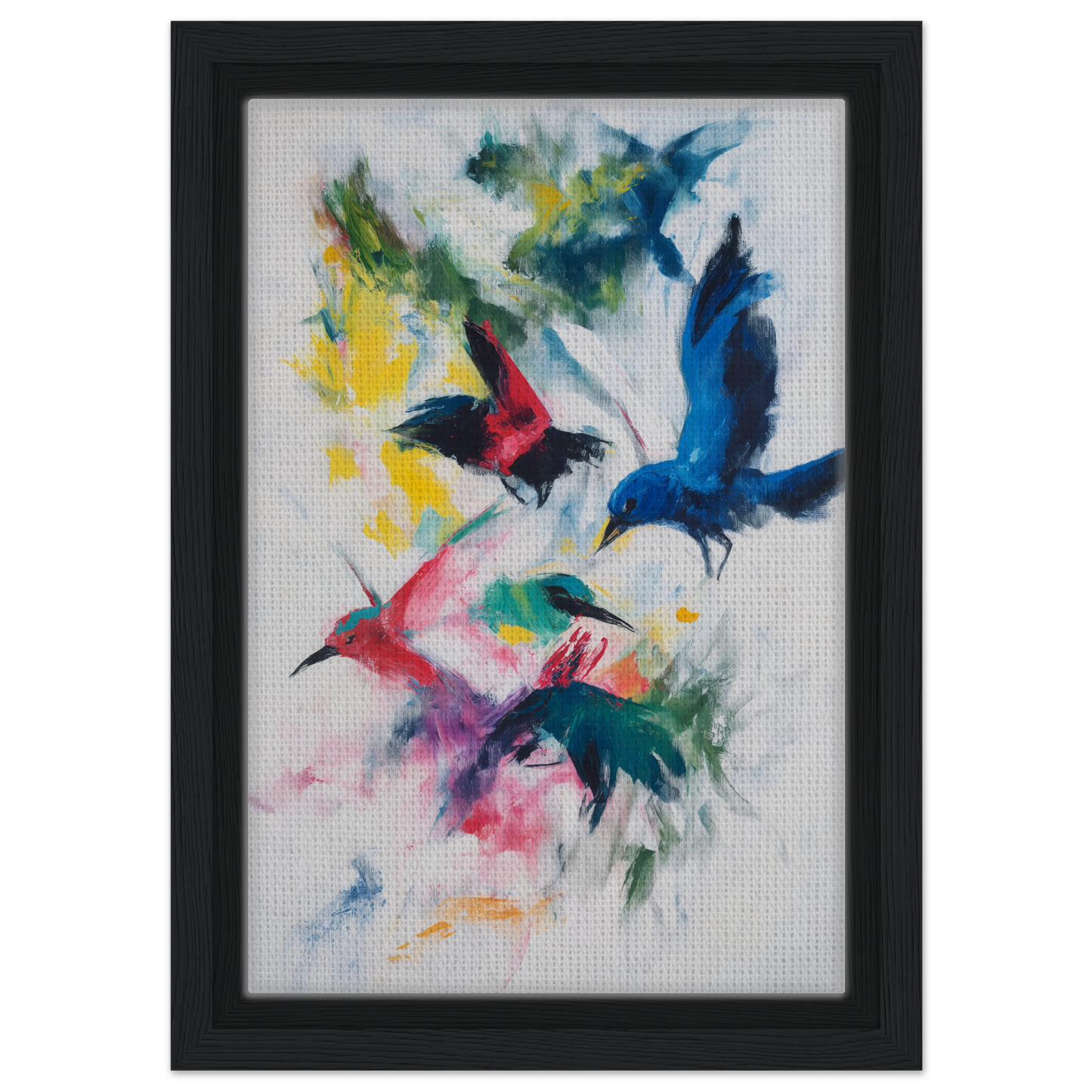 Colorful abstract painting of birds in flight for Birds Chromatic Dance canvas