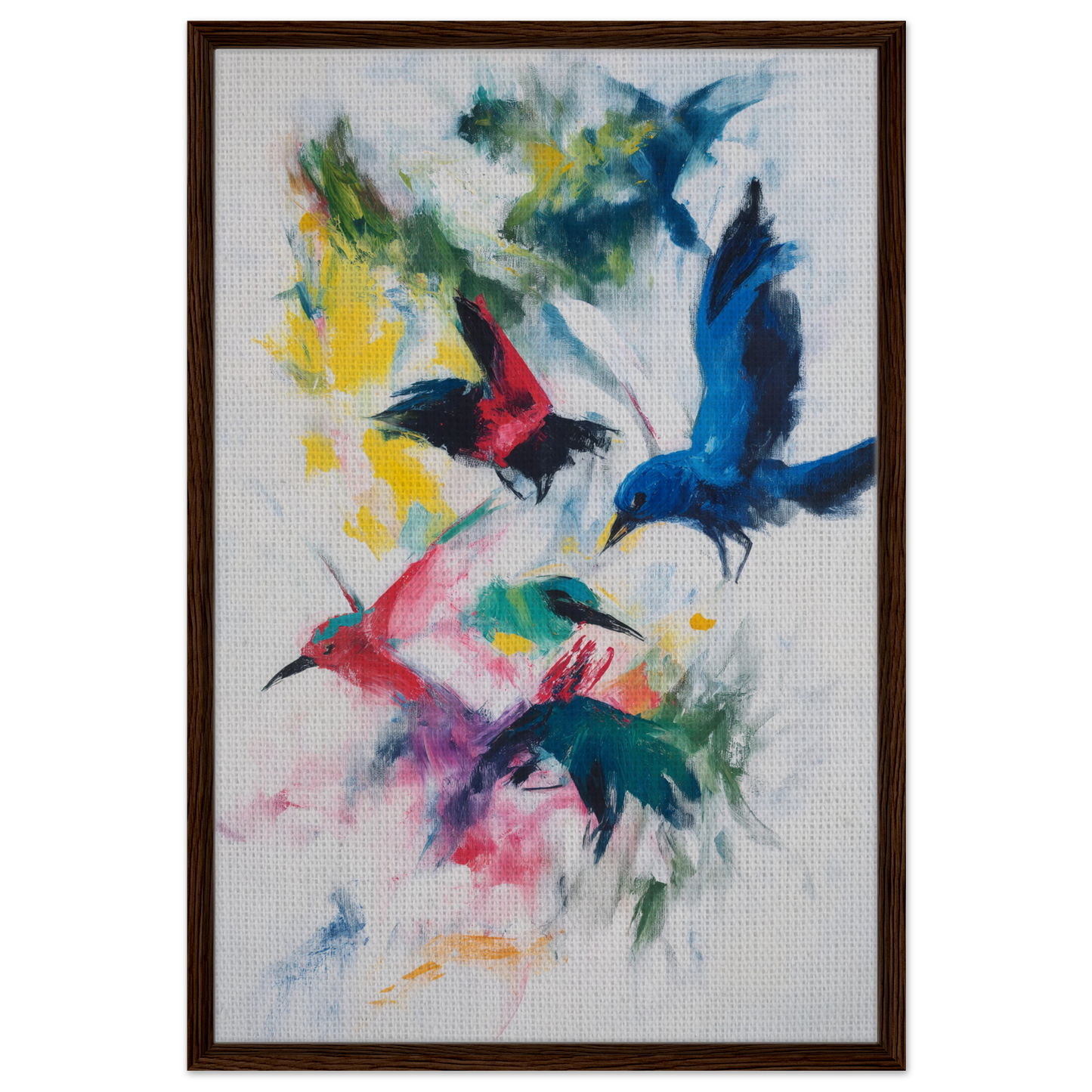 Colorful abstract painting of birds in flight titled Birds Chromatic Dance on canvas