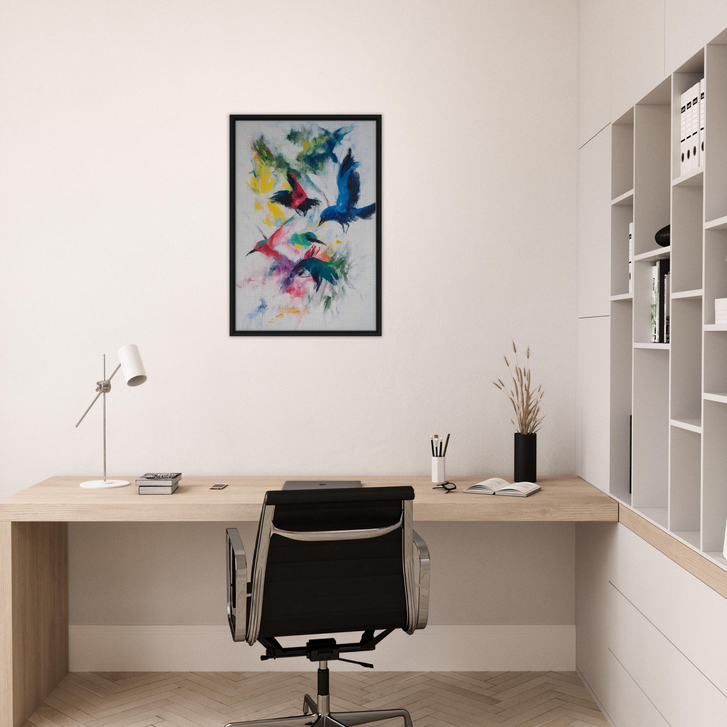 Minimalist home office with Birds Chromatic Dance framed artwork on a wooden desk