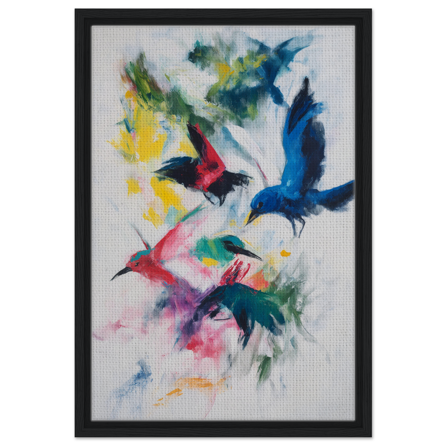 Colorful abstract painting of birds in flight titled Birds Chromatic Dance on canvas