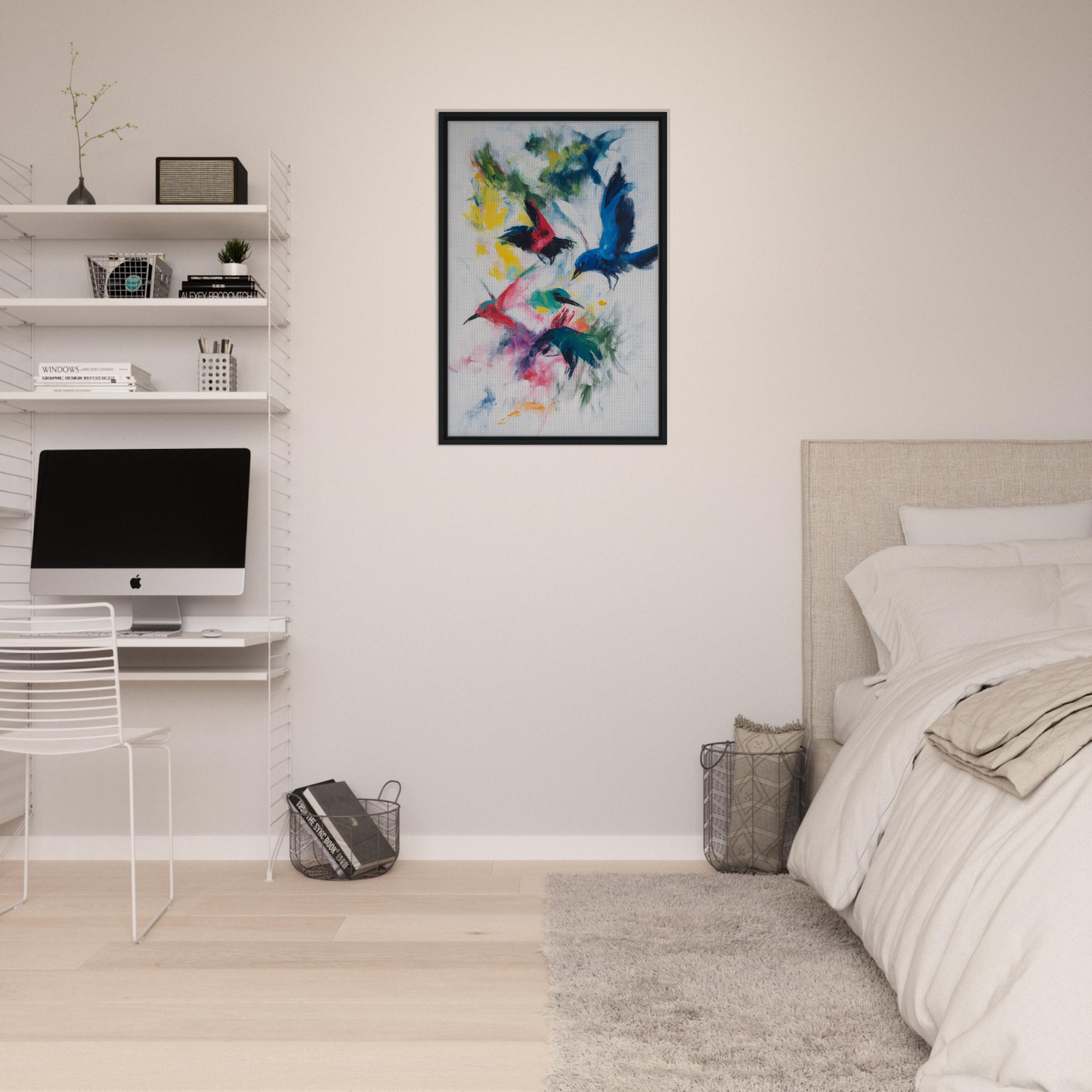 Colorful abstract painting of birds in flight, titled Birds’ Chromatic Dance, framed