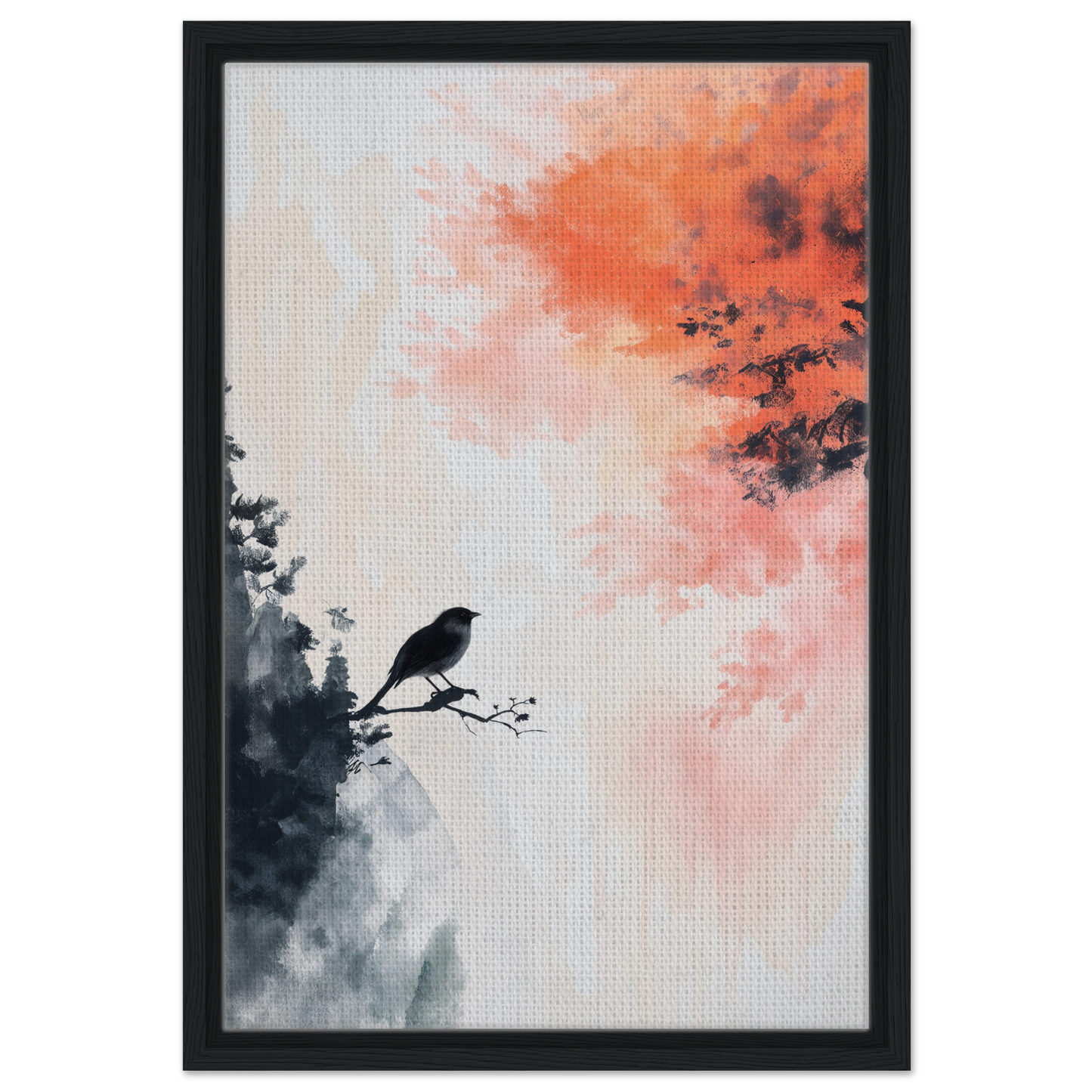 Framed canvas print of bird silhouette on branch in vibrant abstract for Bird’s Fiery Sojourn