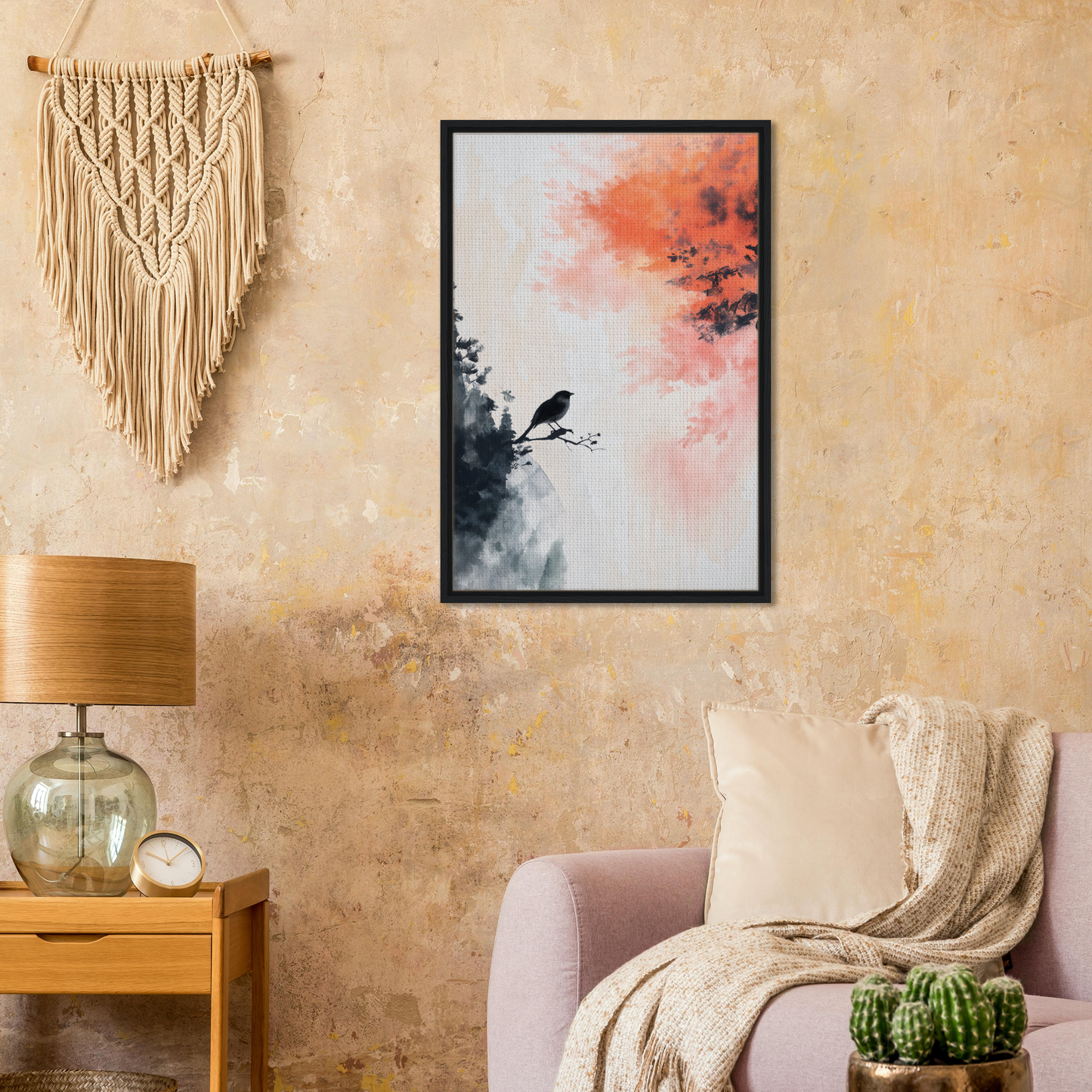 Framed canvas print of bird silhouette on a branch in Bird’s Fiery Sojourn artwork